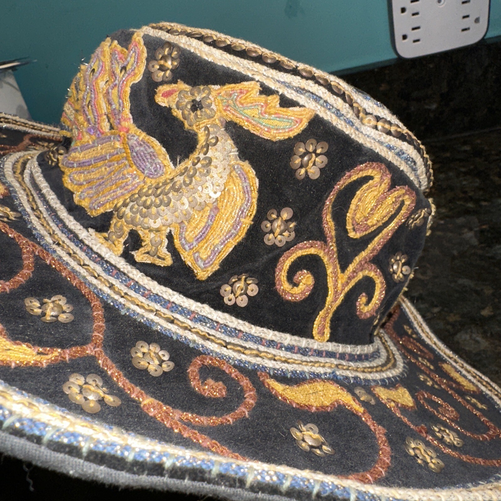 Vintage Myanmar Burmese Burma Kalaga Floppy Boho Hat Phoenix Sequins Embroidery
