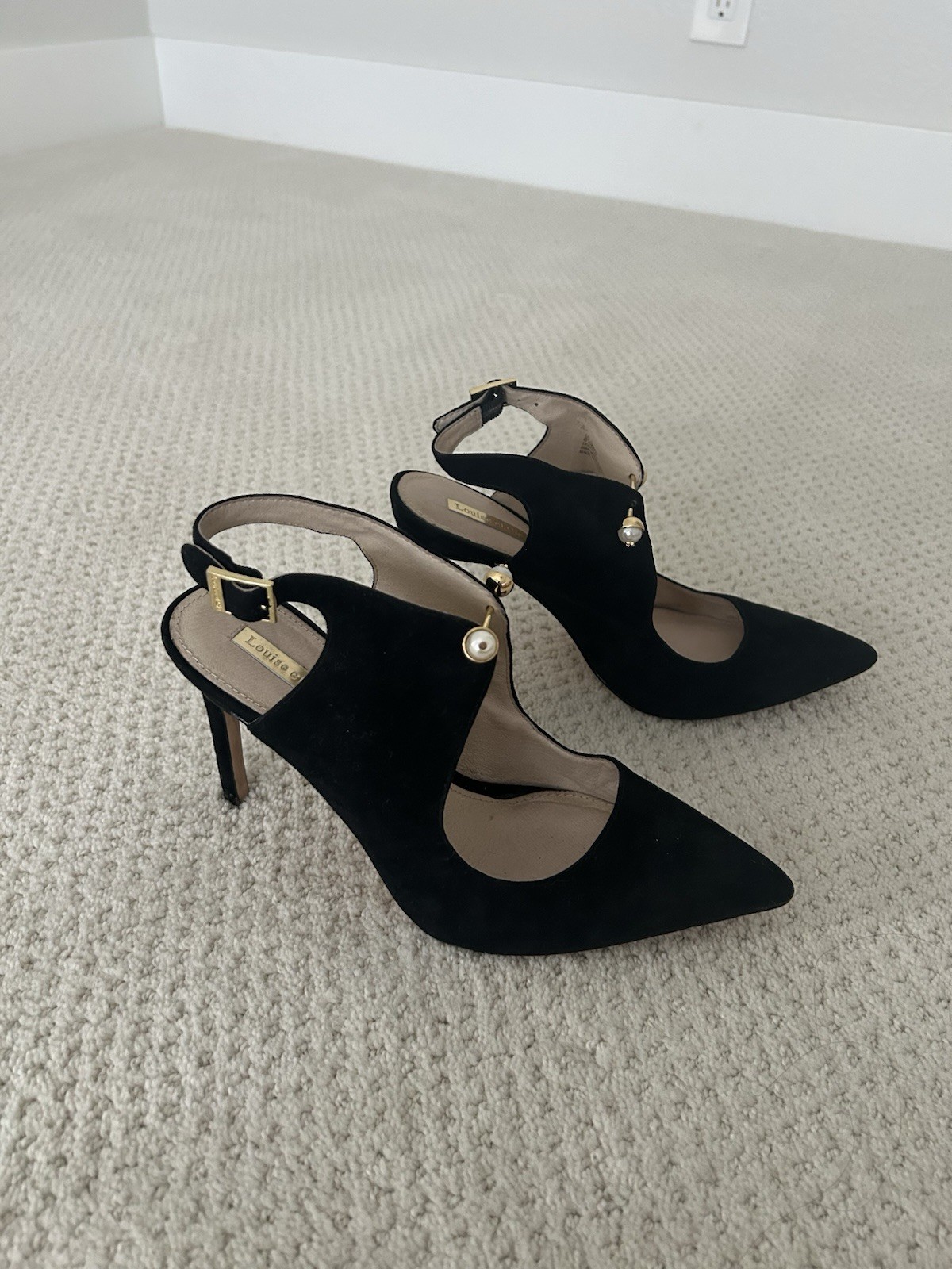 Louise et Cie Black Suede Leather Pointed-Toe Slingback Heels with Pearl, 8.5/39