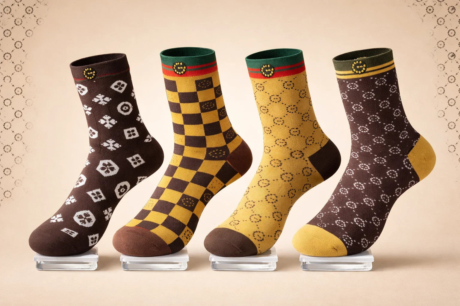 Unisex Designer Style Crew Socks 4 Pairs Set Colorful Pattern Cotton Blend