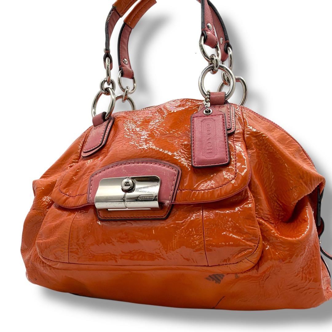 Excellent Condition COACH Handbag Patent Leather Orange Ladies
