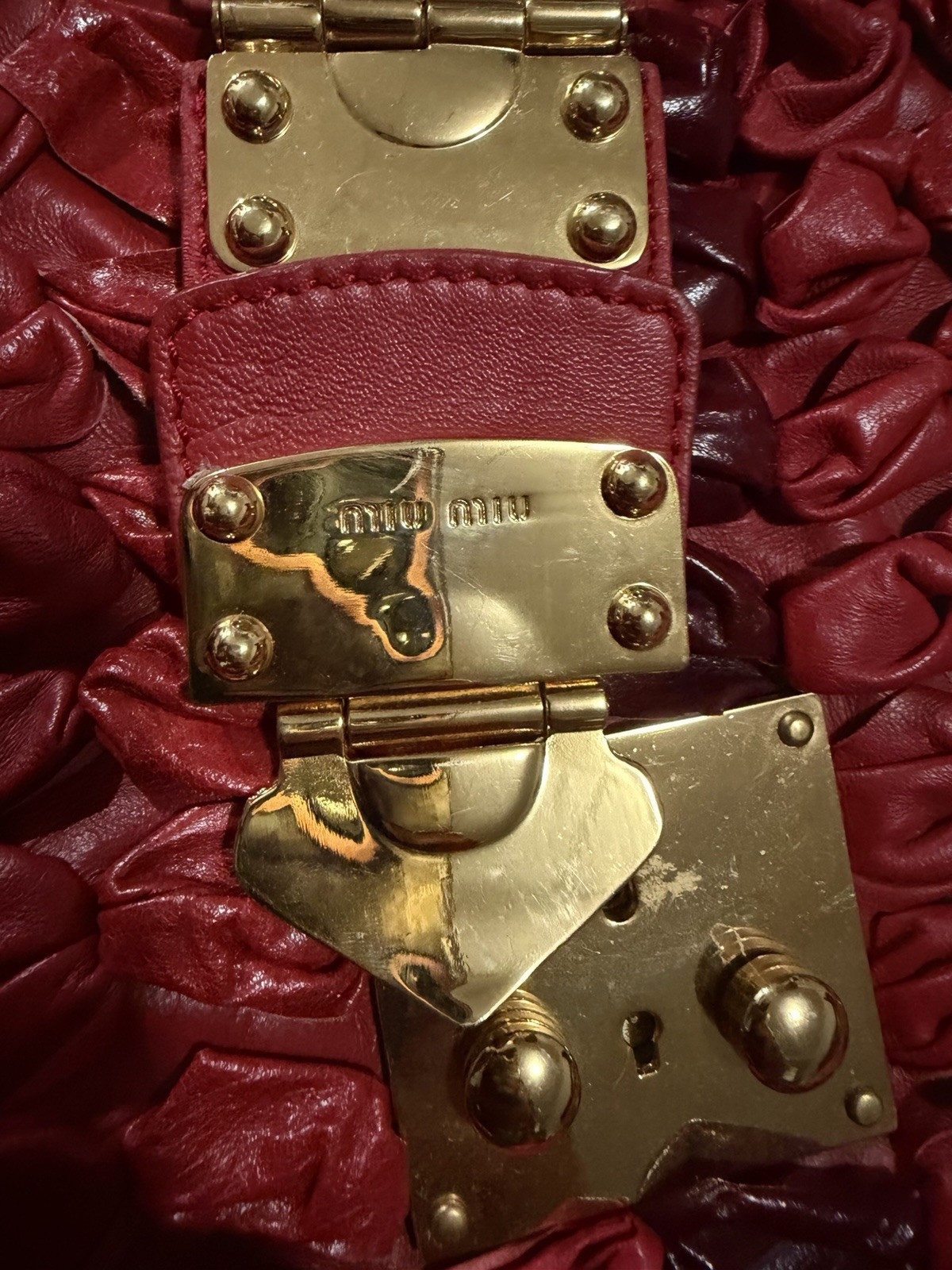 Miu Miu Red Satchel Top Handle Bag Braided Handles Gold Hardware Zip Push Lock
