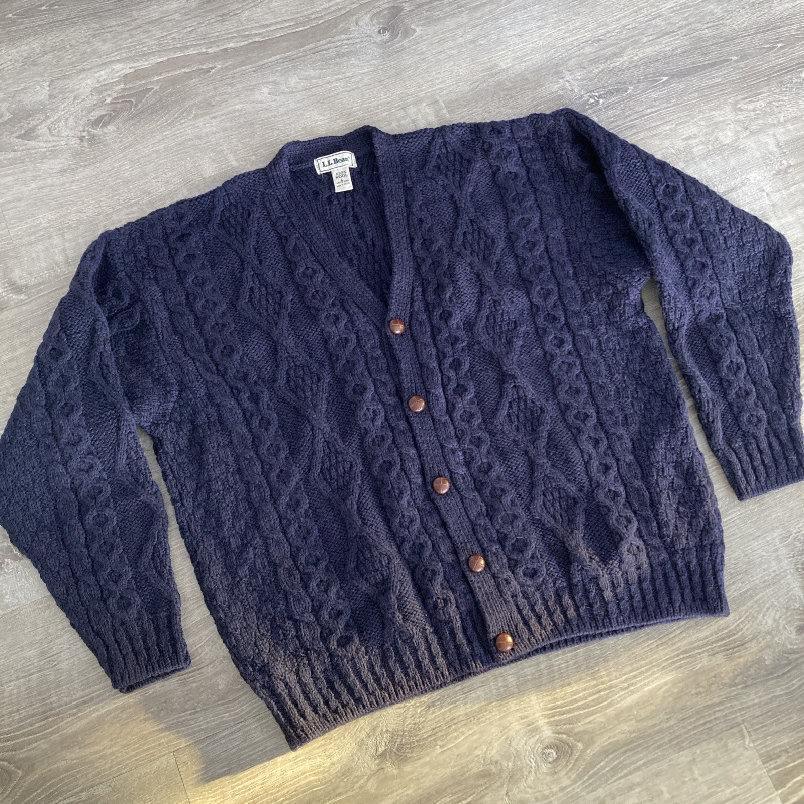 Vintage LL Bean Fisherman Sweater Cardigan Mens L Navy Cable Knit Wool Ireland