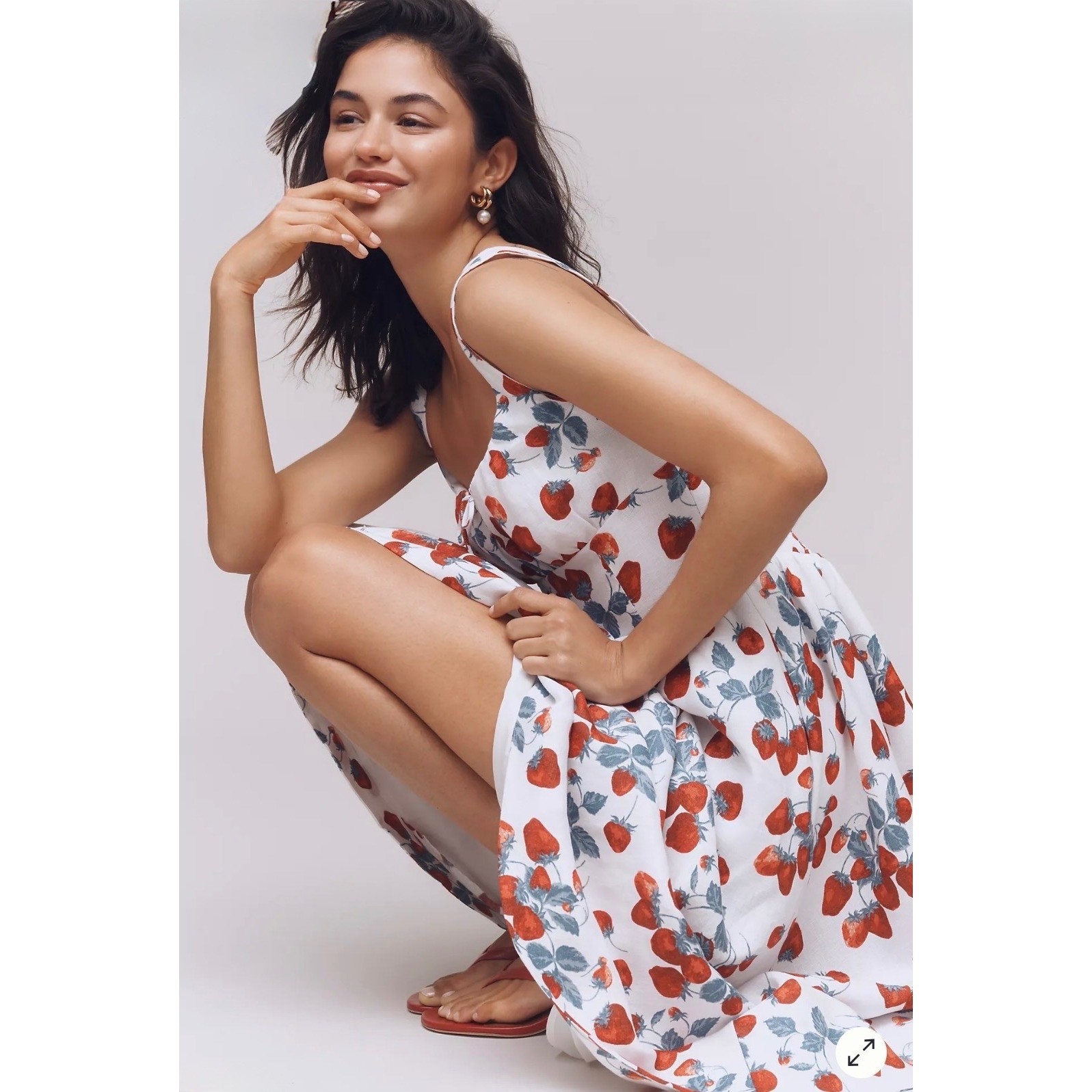 Reformation Balia Linen Strawberry Print Basque Waist Midi Dress White Red Sz 2