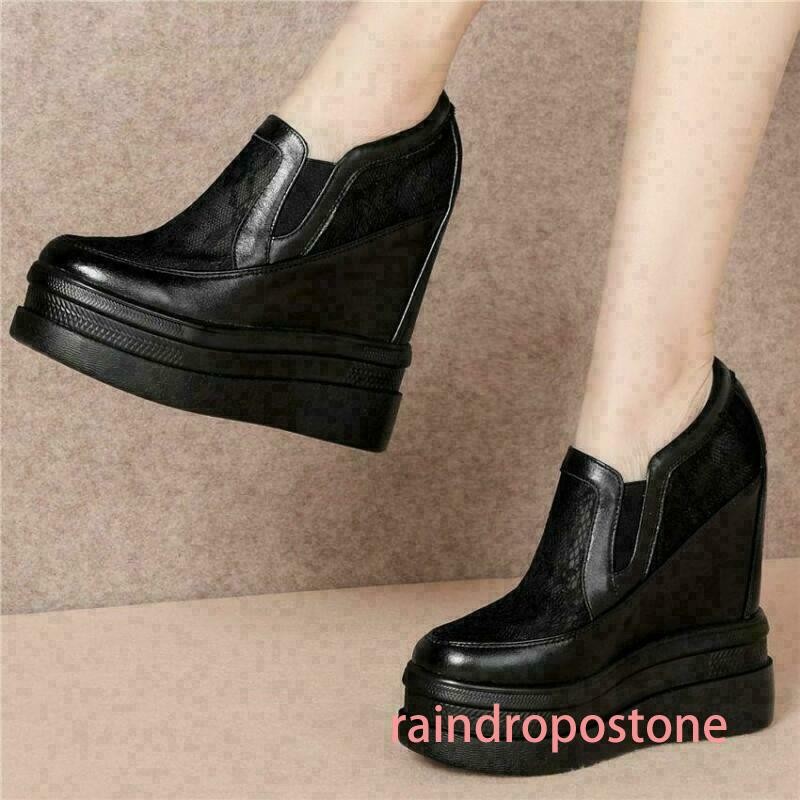 14cm Womens Leather Shoes Wedge Heel Sneakers Platform Lace Slip on Elegant Chic