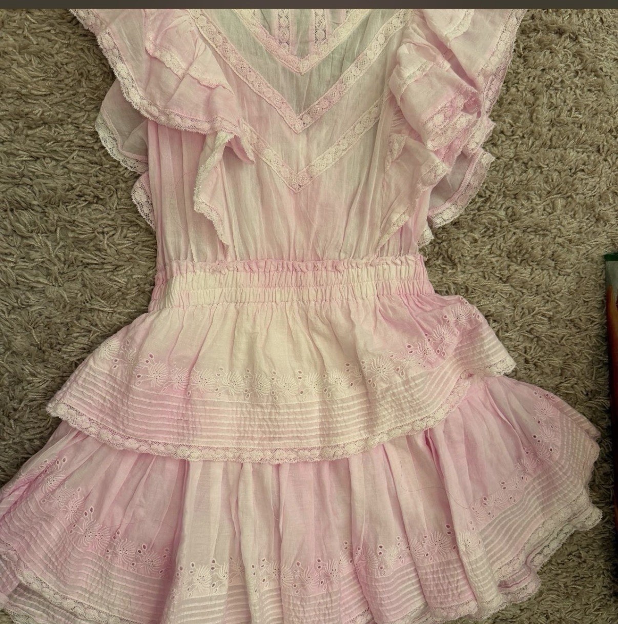LoveShackFancy Pink/White Cotton Lace Ruffle Smocked V-Neck Mini Dress XS