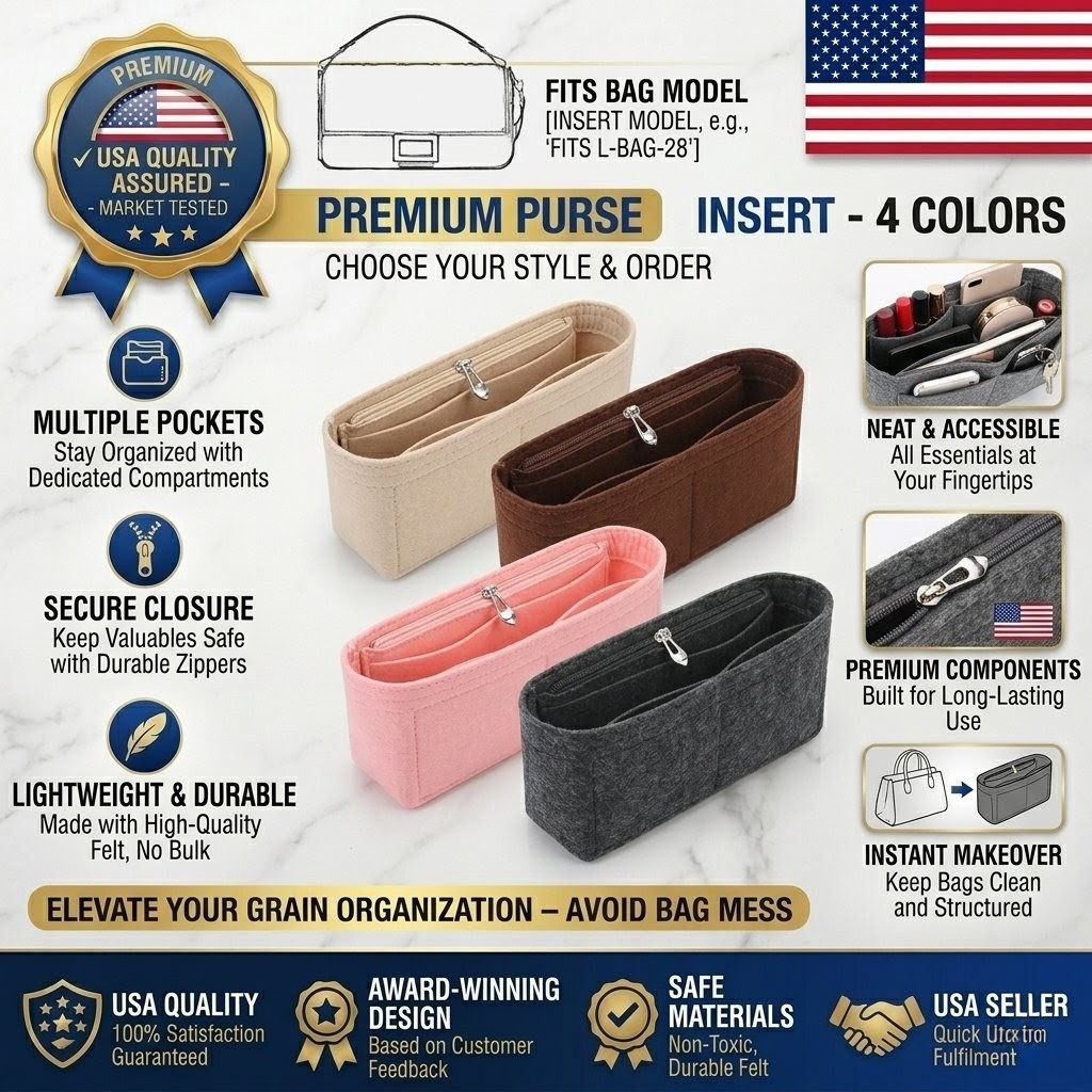 Felt Bag Organizer Insert with Zipper Multi Pocket Purse Liner Handbag Organizer