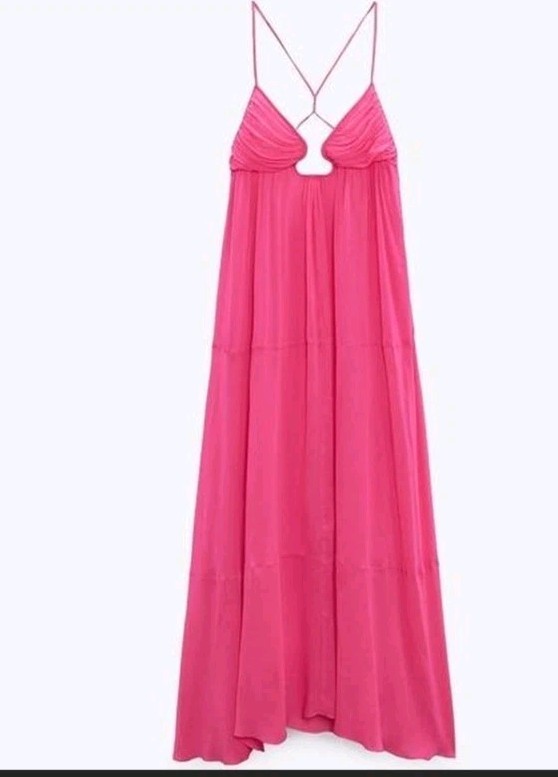 Zara S Hot Pink Fushia Chiffon Flowy Maxi Dress Blogger Open Back NWT $149 Vaca