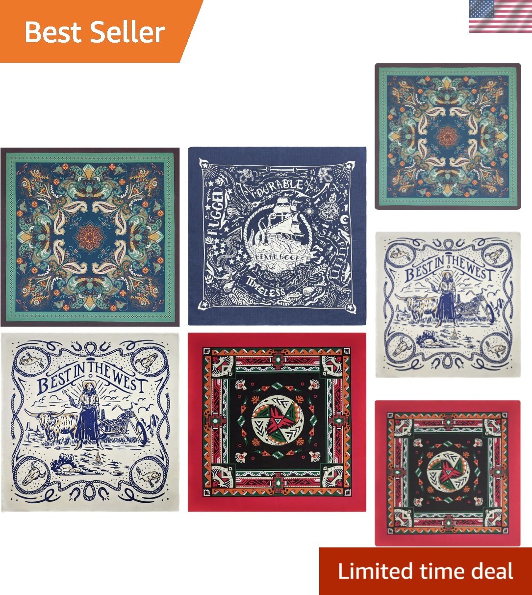 Bycc Bynn 4-Pack 100% Cotton Bandana Set, Vintage Graphic Print, 22×22 inches