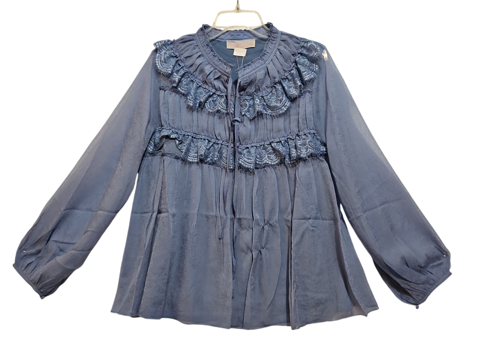 Pretty Angel Blouse Womens Large Blue Sheer Long Sleeve Lagenlook Pullover New