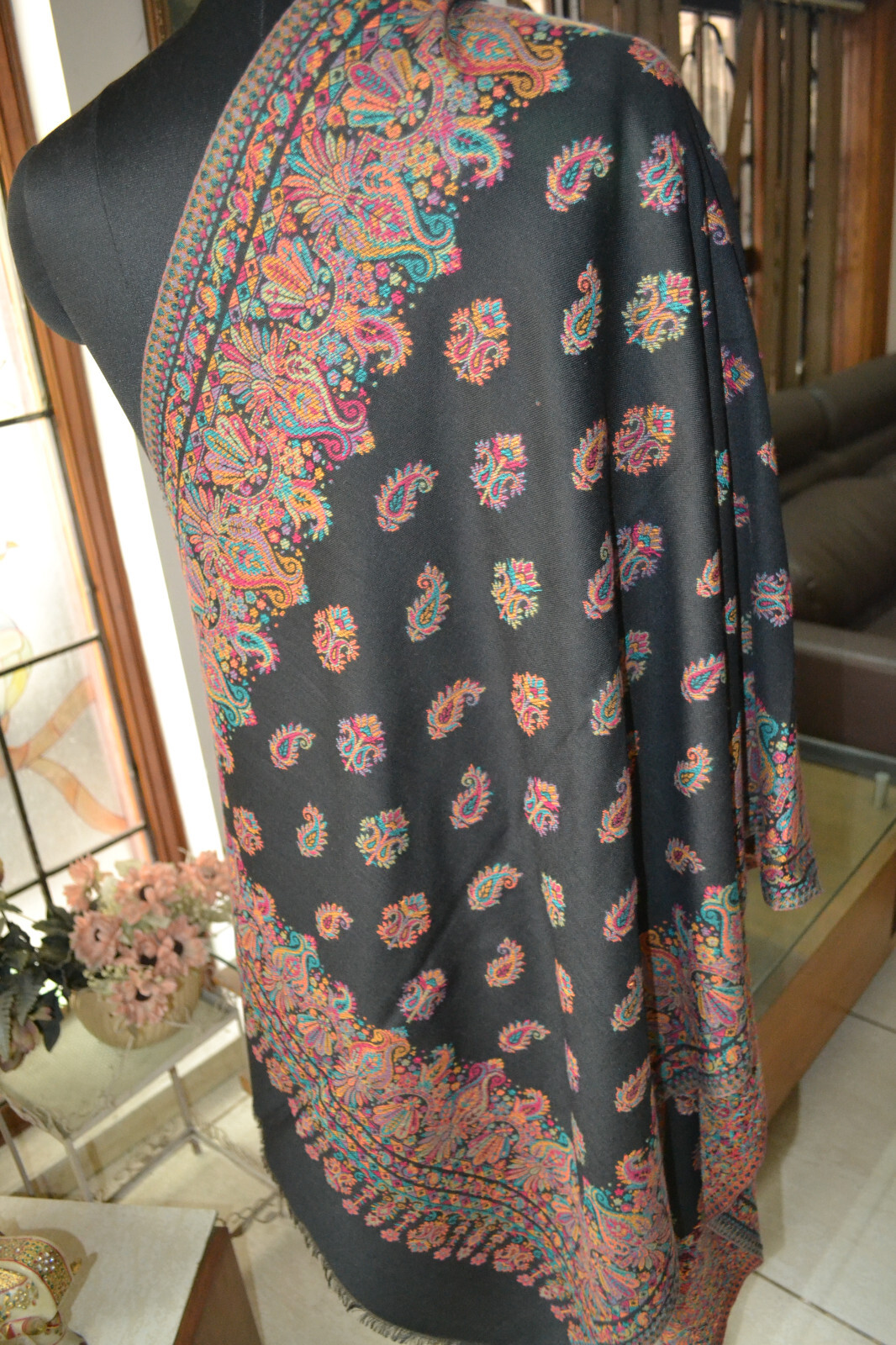 BLACK KANI HANDWOVEN WRAP WOOL BLEND SHAWL JAMAVAR SCARF PASHMINA STOLE