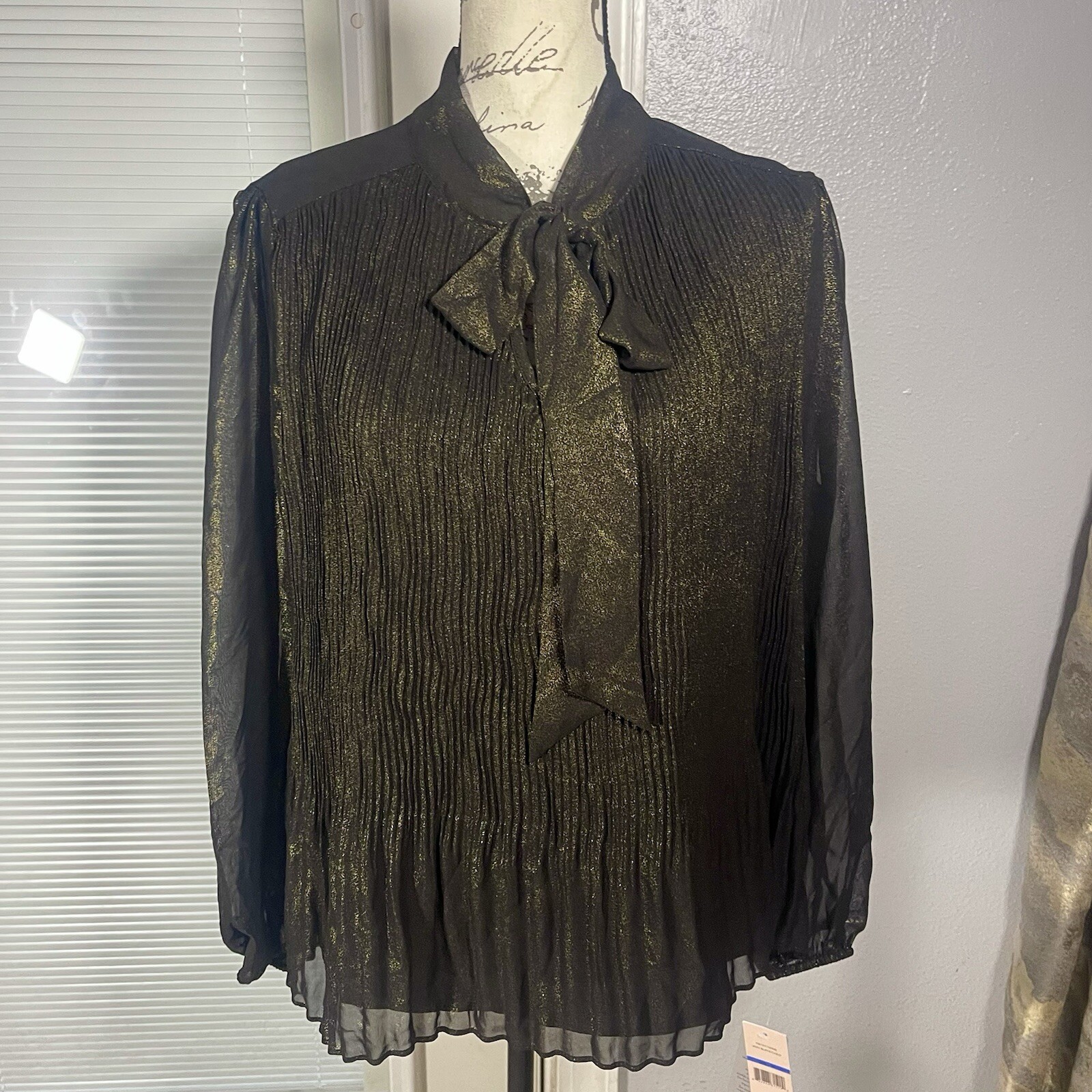 Nanette Lepore Metallic Shimmer Very Black Gold Pleated Bow Neck Blouse NWT XL