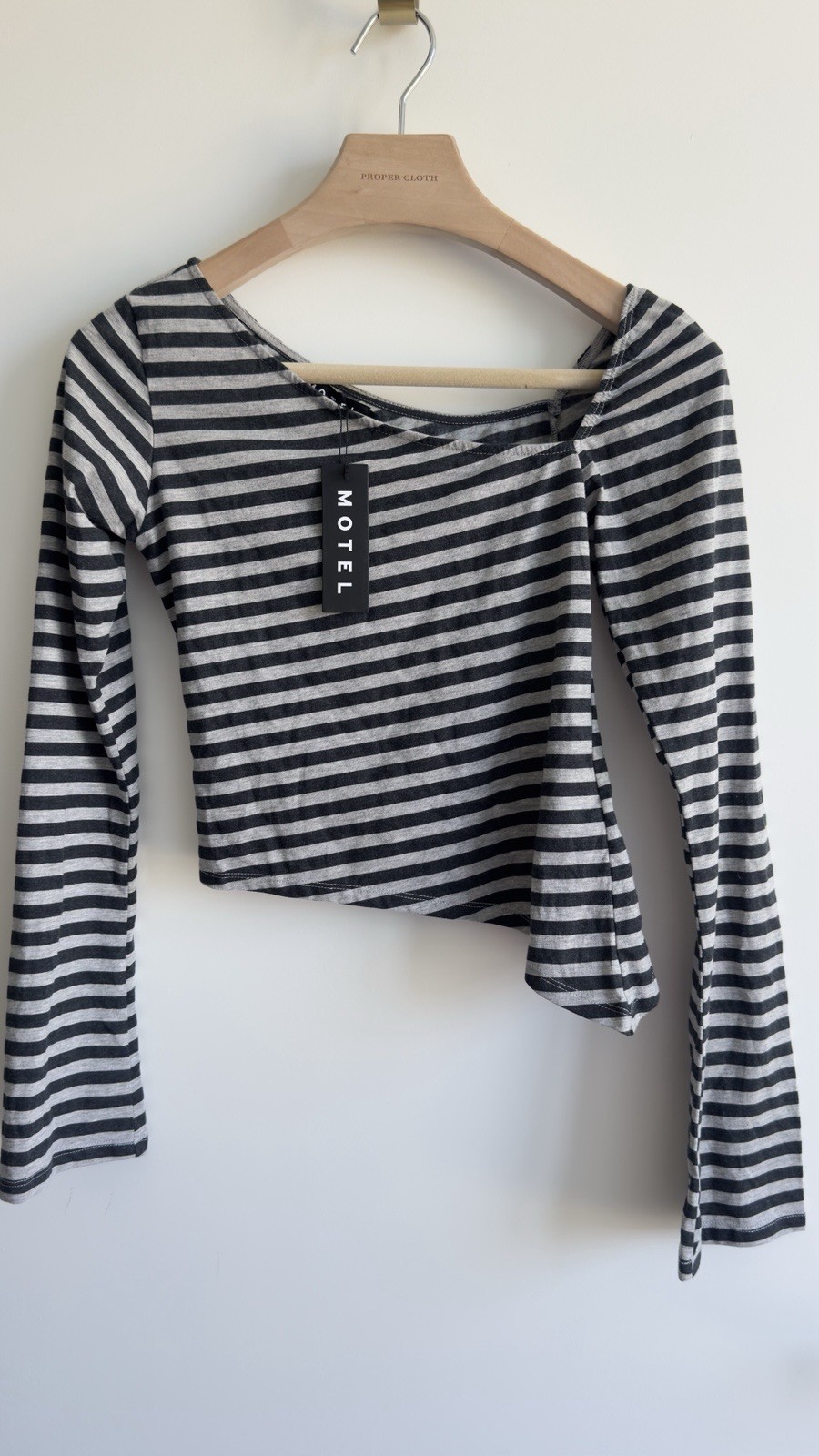 Motel Rocks Dalene Asymmetric Top Gray Black Stripe Long Sleeve Size S NWT