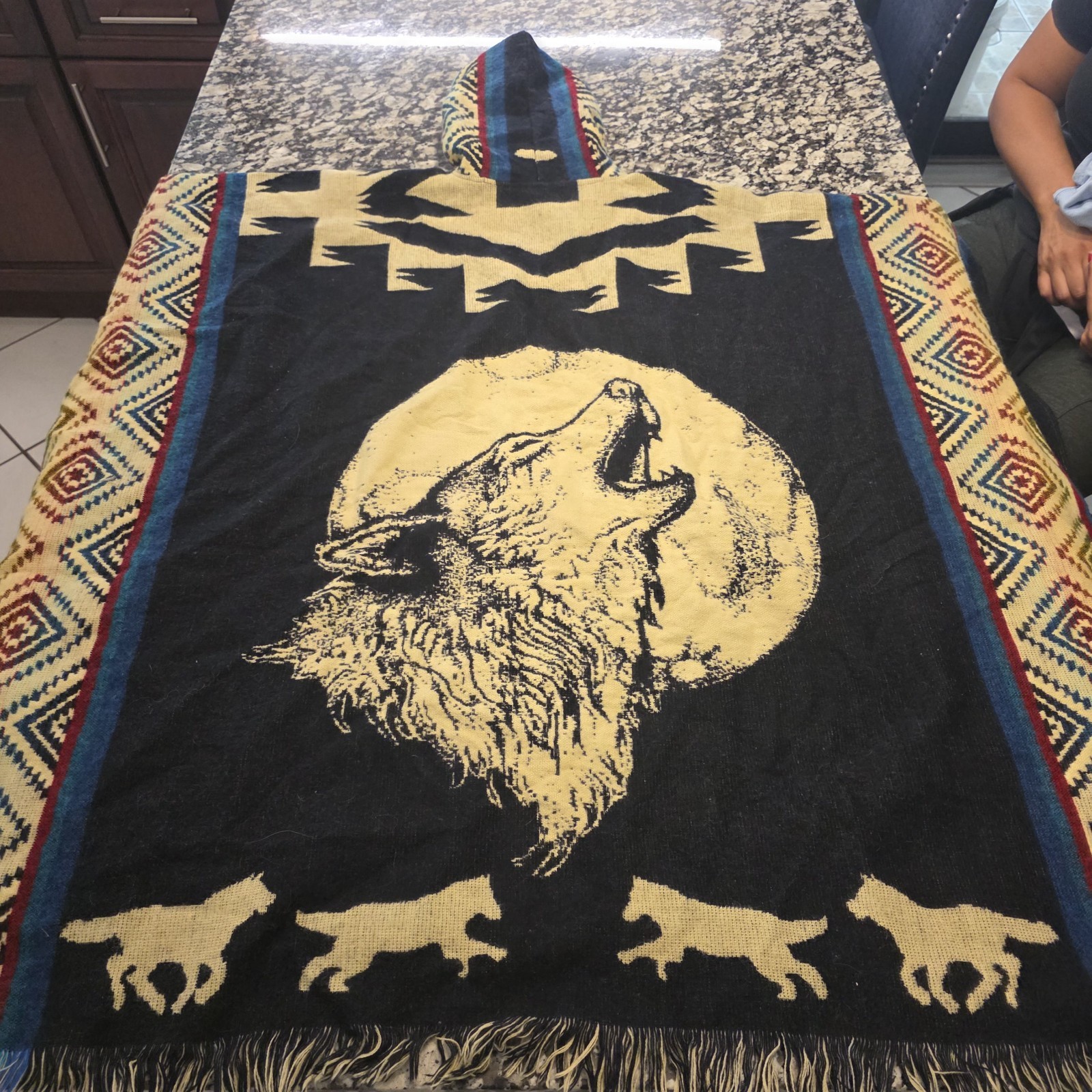 Alpaca Wool Poncho, Unisex, Native Wolf, Cape, Hooded With Wooden Buttons