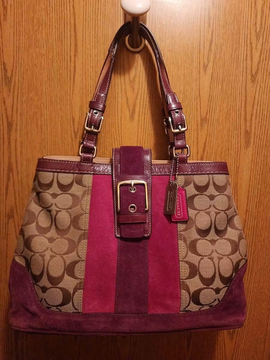 Vintage COACH Pink and Purple Suede Leather Tote Purse with Hangtag