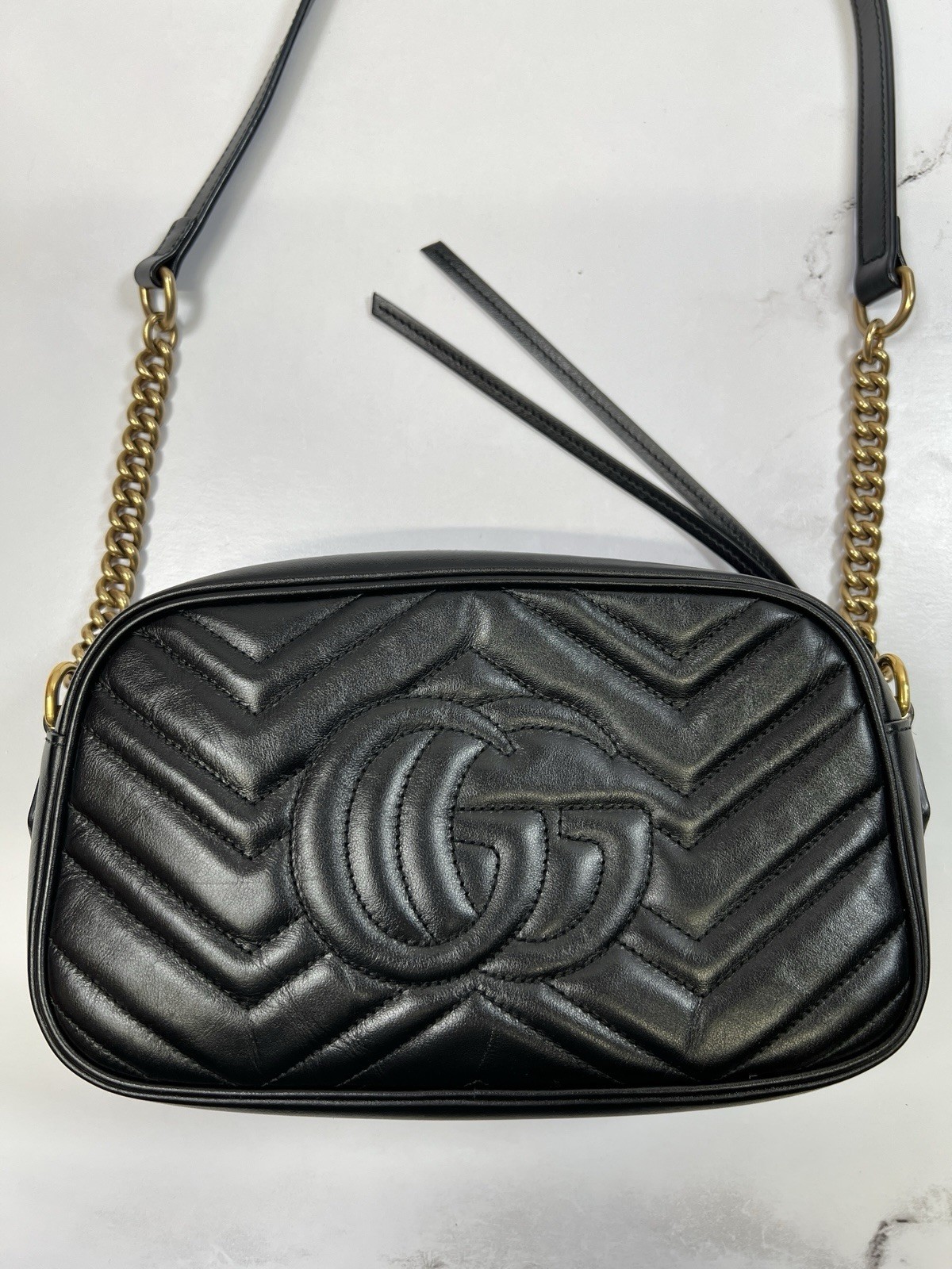 Gucci GG Matelasse Marmont Chain Leather Zip Camera Crossbody Bag Purse