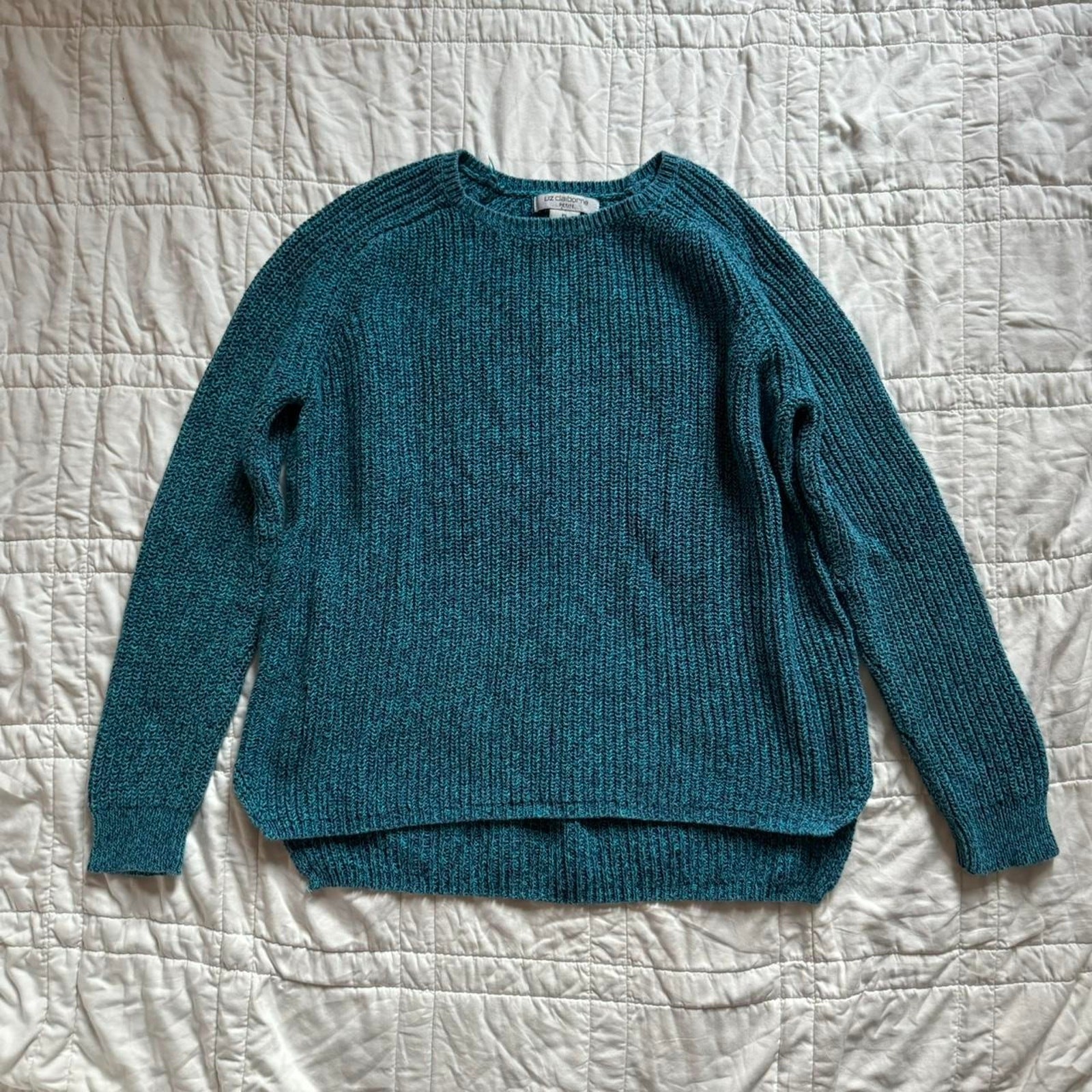 Marled jewel tone blue chunky knit sweater sz LP cotton cozy fisherman coastal
