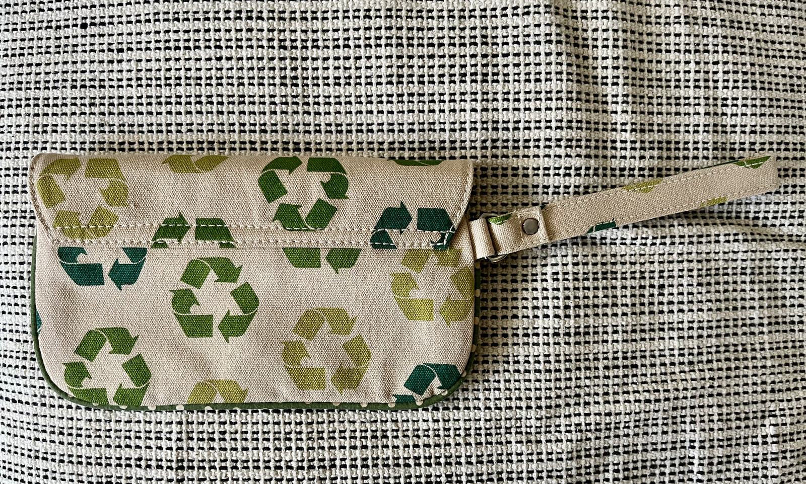 Bungalow 360 Wristlet Clutch, Hand Strap, Canvas, Recycle Logo Print, Peace Pull