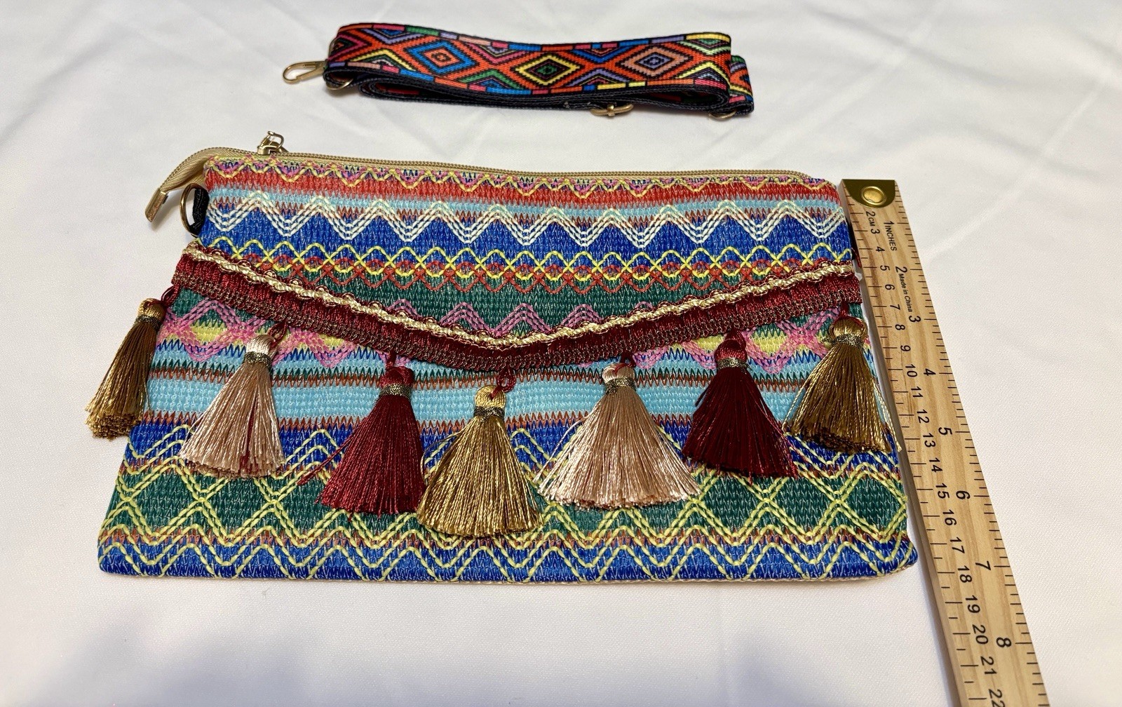 Multicolor Geometric Bohemian Tassel Zip Clutch Crossbody Bag w/ Strap