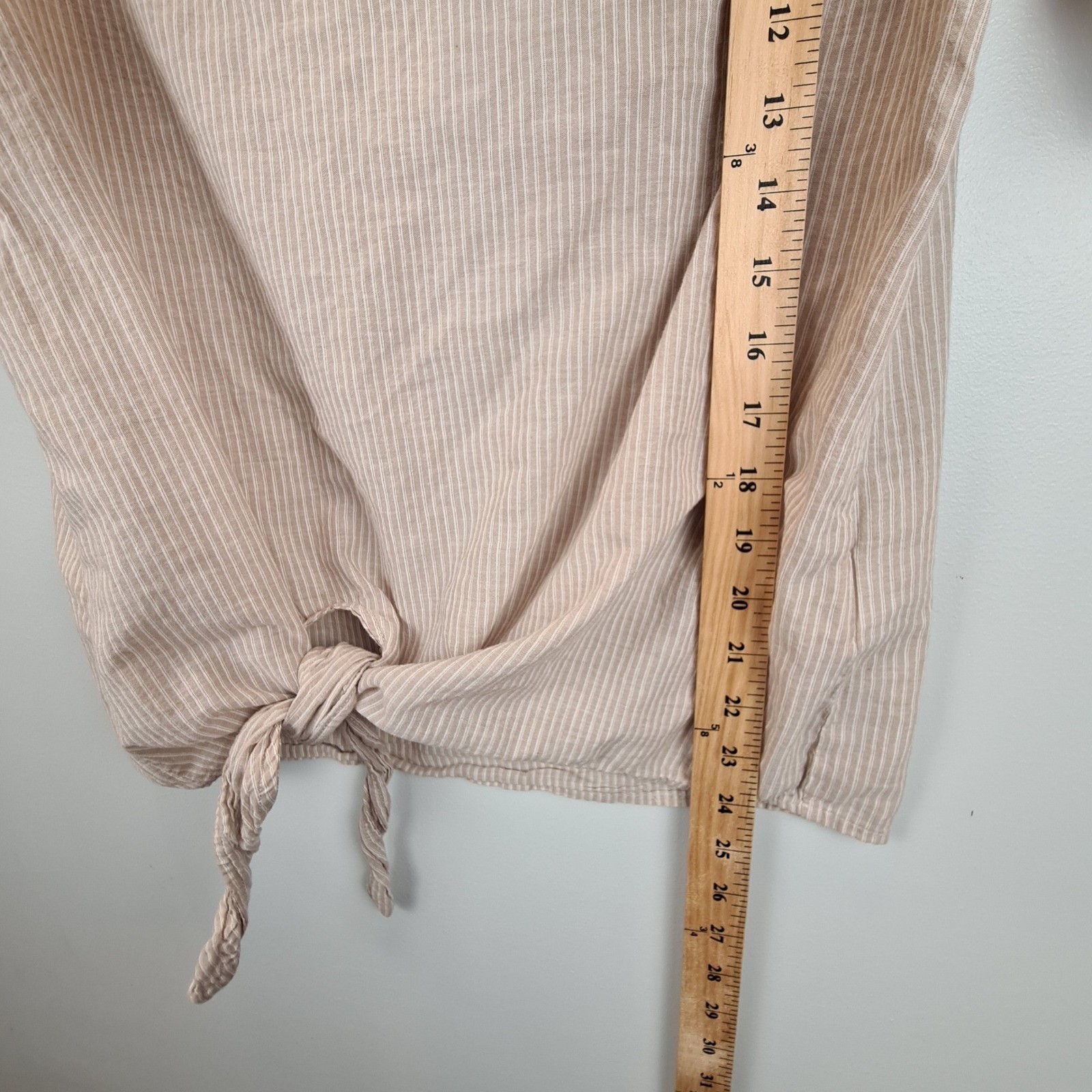 Pleione Womens Tan White Striped Front Tie Knot Short Sleeve Rayon Top Small