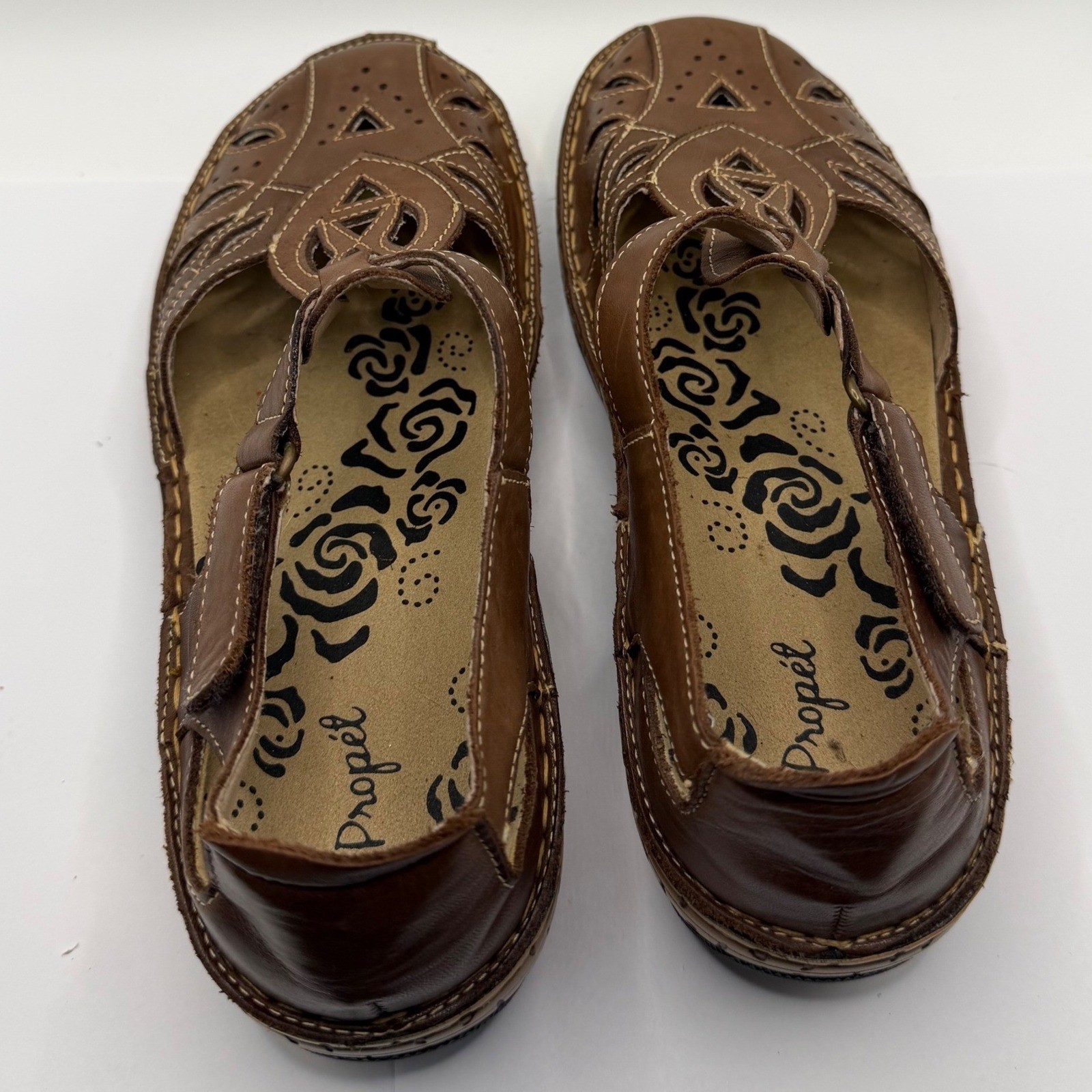 Propet Brown Leather Laser Cut Mary Jane T-Strap Comfort Flats Womens 8.5