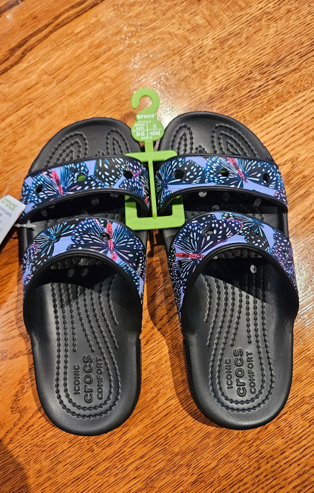 Crocs Classic Slide Sandals Butterfly Black Purple Women’s 5 Men’s 3. NEW