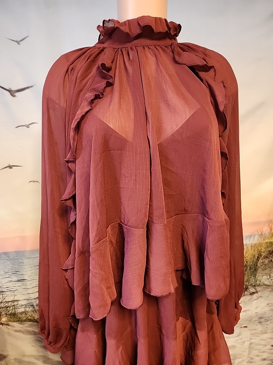 new Commense Red Semi-Sheer Chiffon Ruffle Dress with Cape Overlay, Large