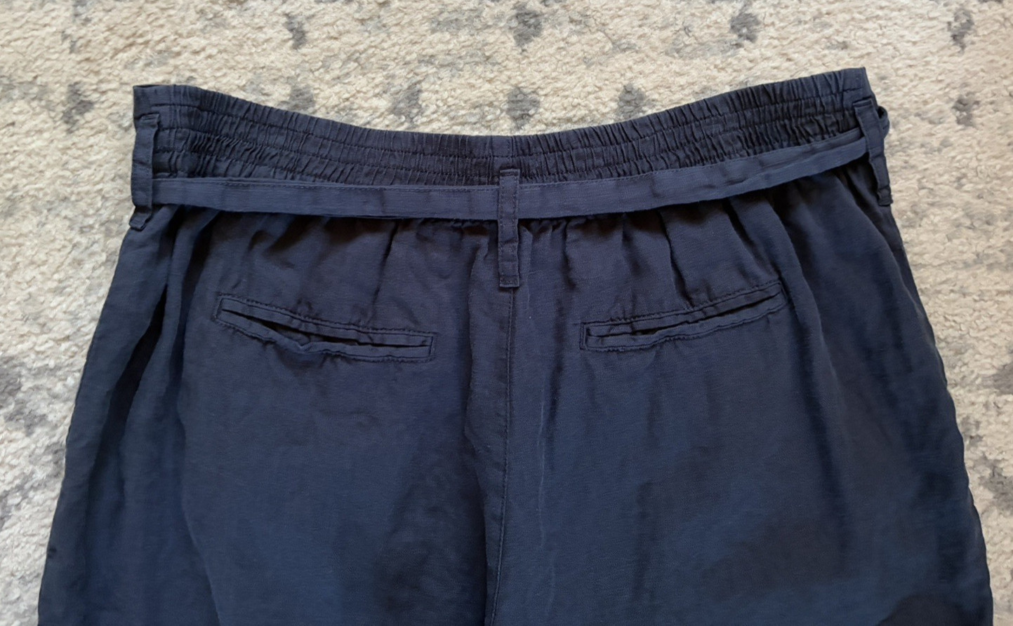 Nicole Miller Linen Pants Large L Blue Wide Leg Cropped Paperbag Waist Tie Belt