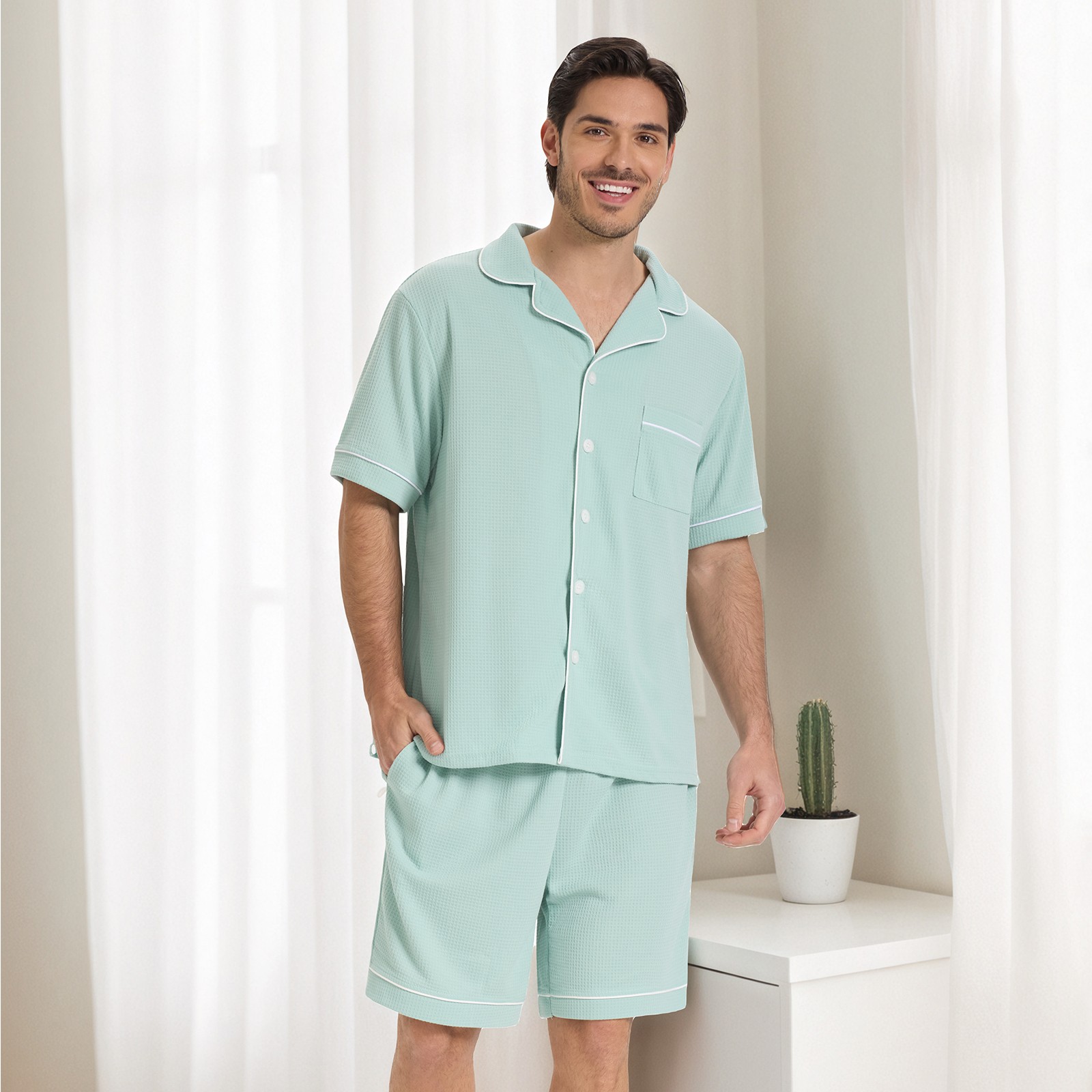 SIORO Men Waffle Knit Pajamas Set Short Sleeve Sleepwear Button Down Loungewear