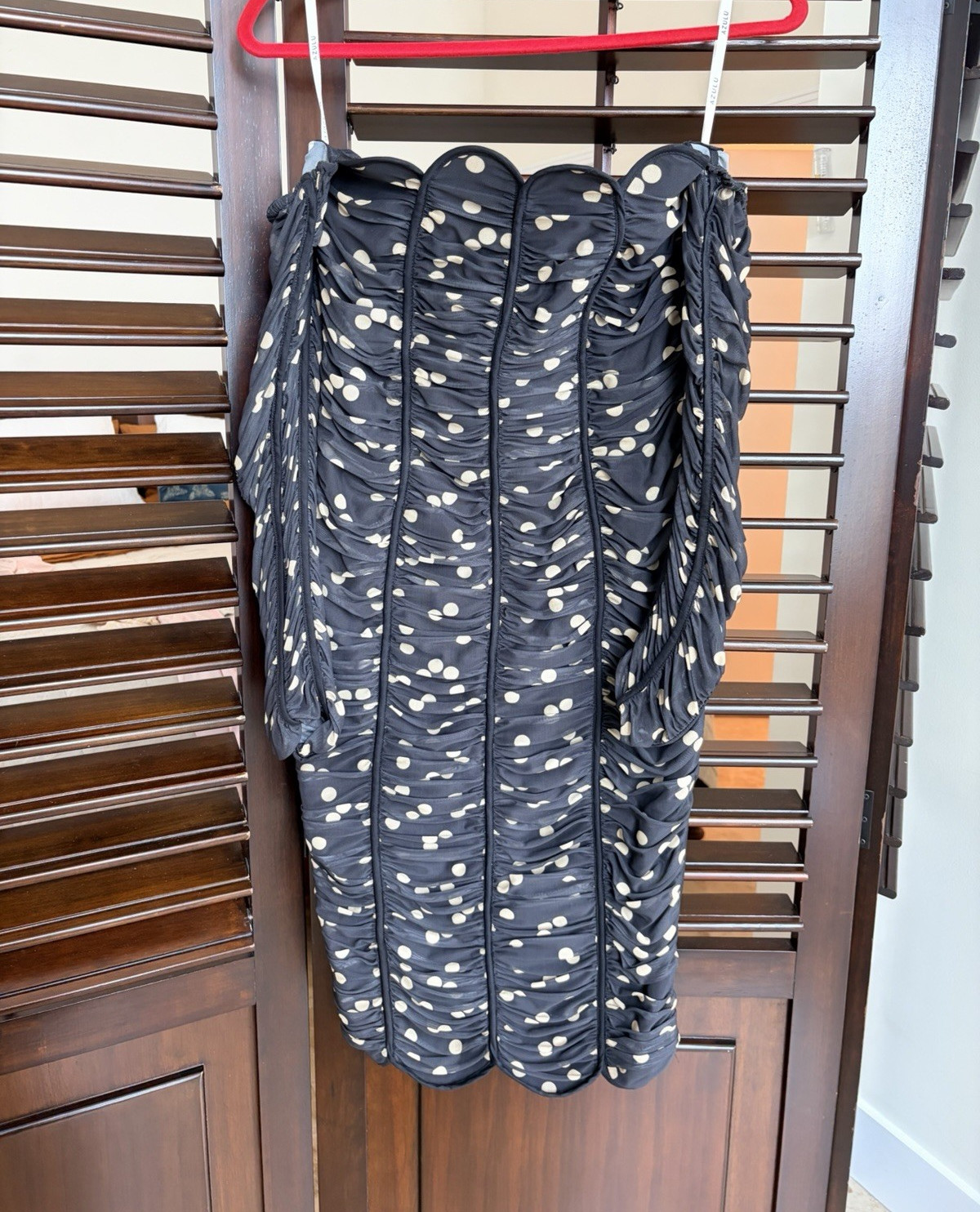 AZULU Black Cream Polka Dot Ruched Mesh Off Shoulder Lined Mini Dress S