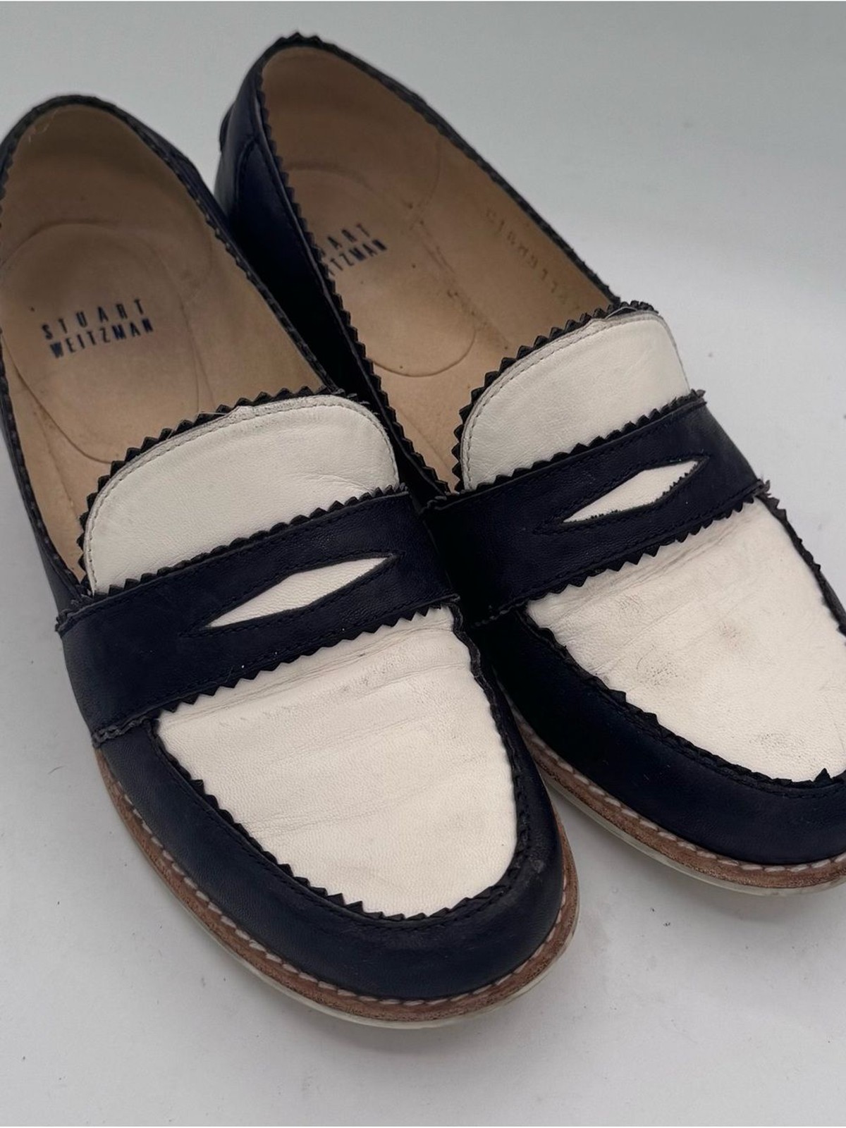Stuart Weitzman Navy and White Two-Tone Penny Loafers