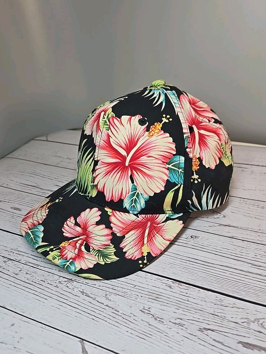 Floral Tropical Vacation Theme Black Hat Flowers Adjust Adult Size Baseball Hat