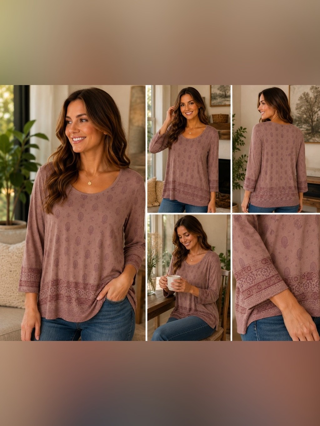 B.L.E.U. Mauve Paisley Scoop Neck Long Sleeve Top with Border Print