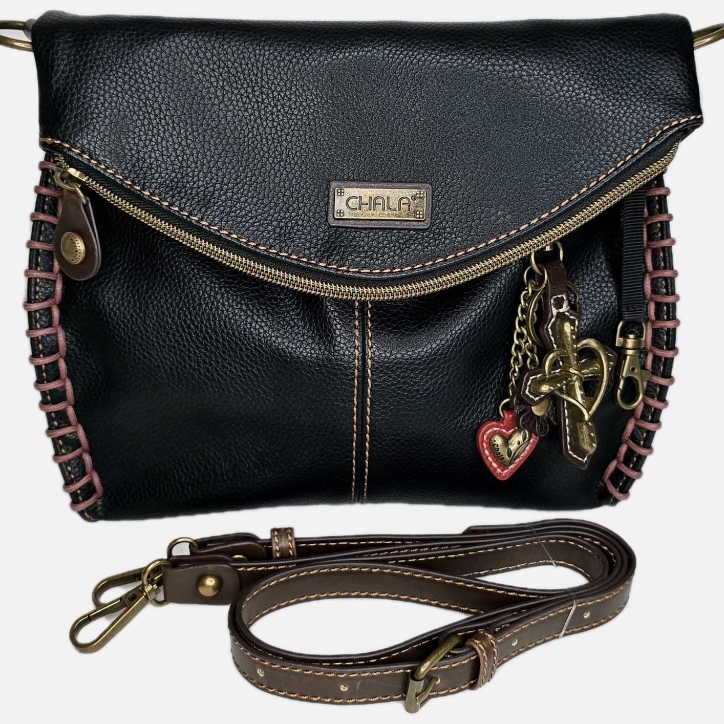 Chala Handbags Charming Crossbody Bag Flap Top Zipper Black + Cross Purse Charm