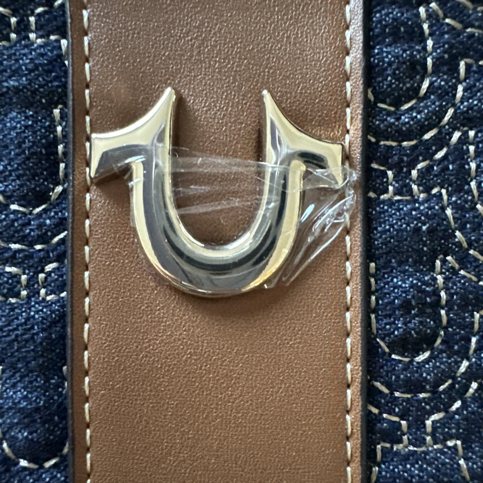 NWT True Religion Logo Horseshoe Stitched Dark Denim Wristlet Gold Hardware $48