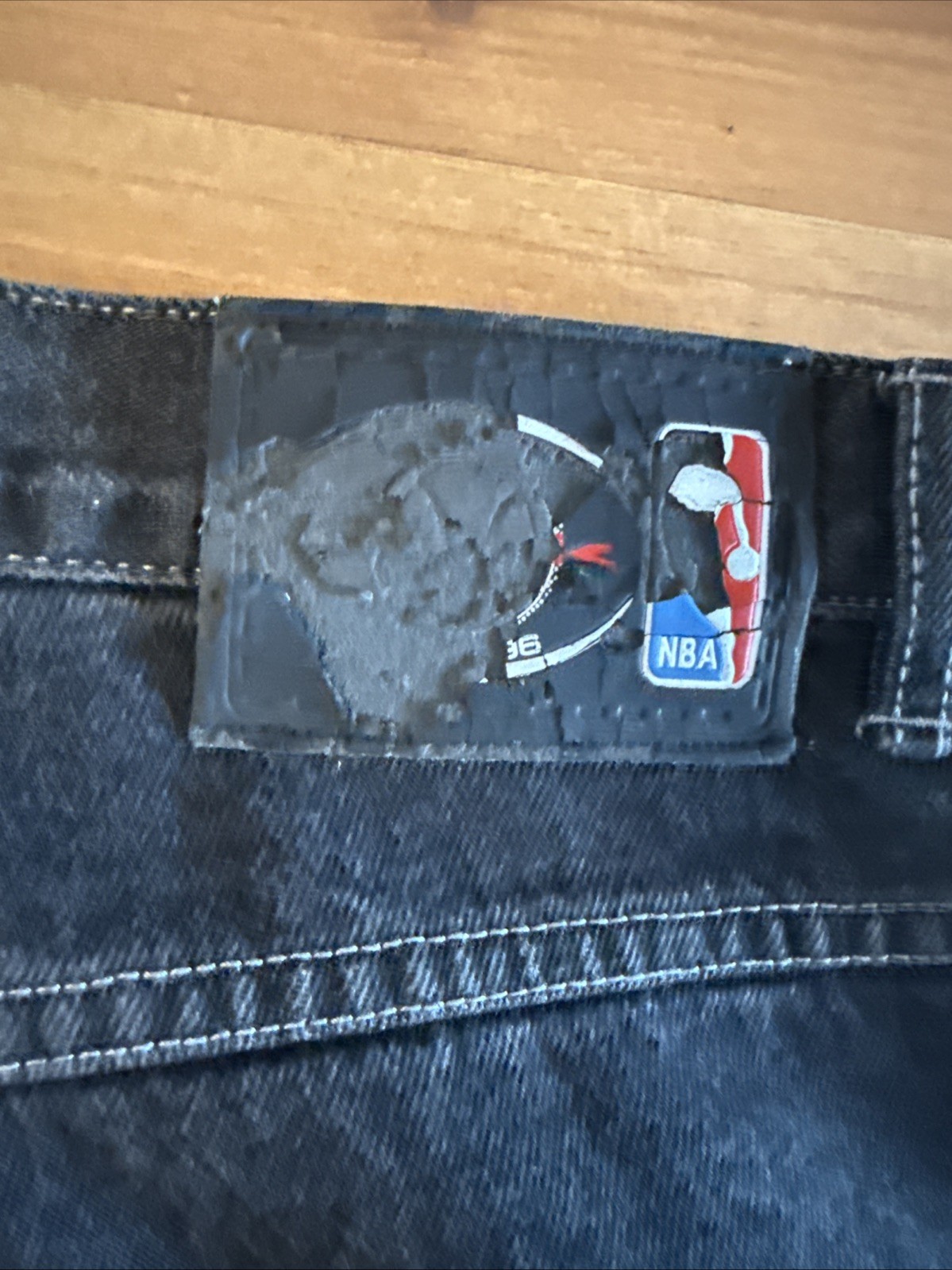 UNK NBA Denim Jeans 38 Grey / Black All Over Patch Y2K Baggy Straight Leg