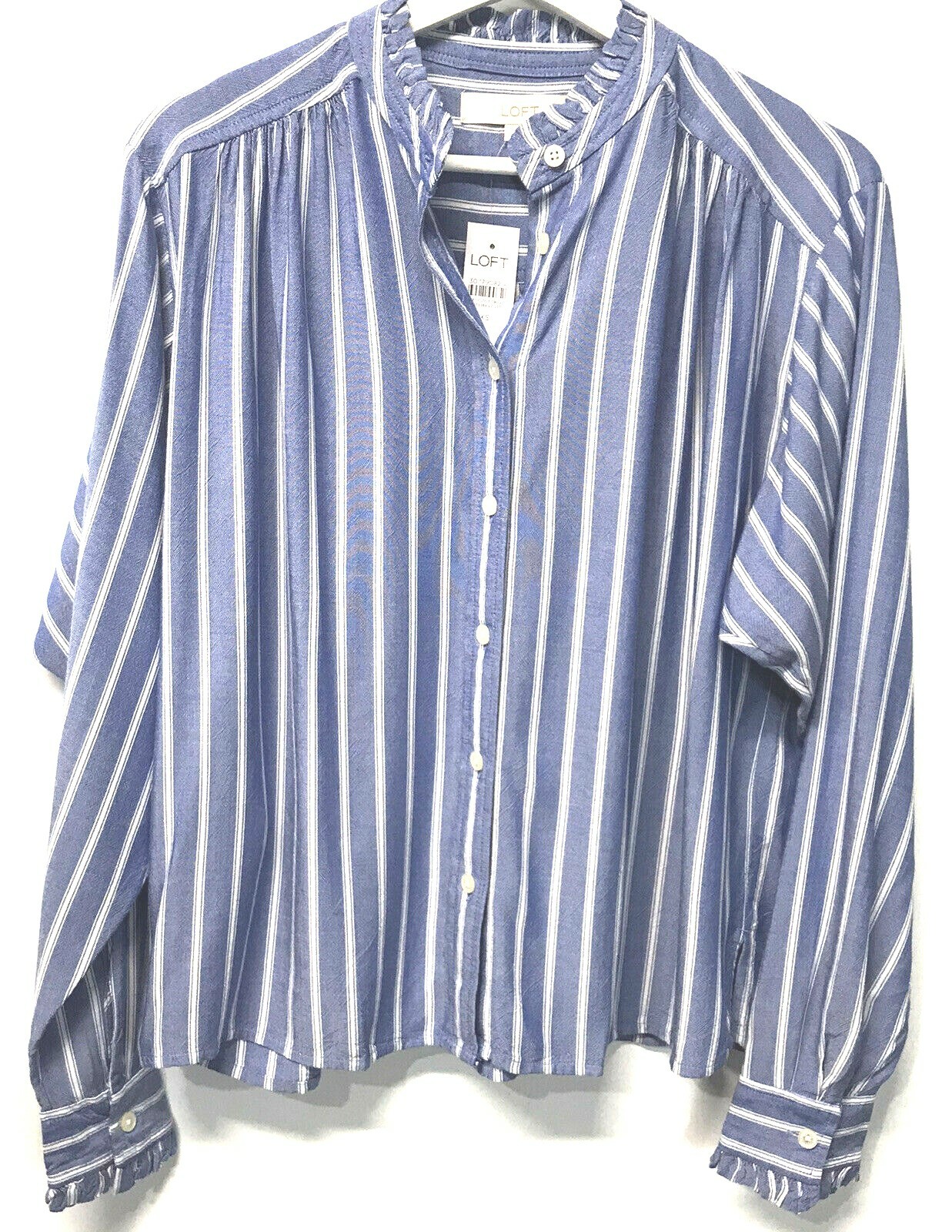 Loft Preppy Shirt Blouse Blue Striped Ruffle Trim Silky Rayon NEW XXS-XXL