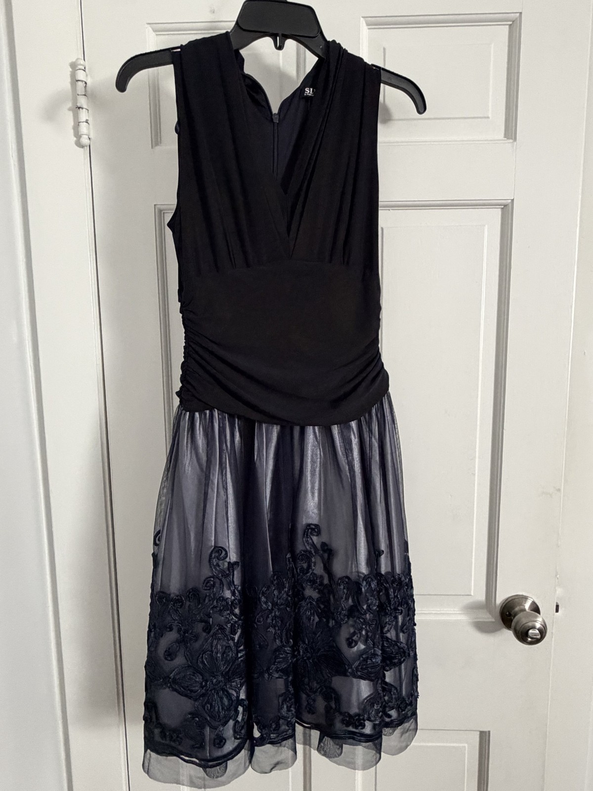 NWT Brand New Illusion Soutache-Trim Party Dress, V-Neck Navy Blue, Size 8