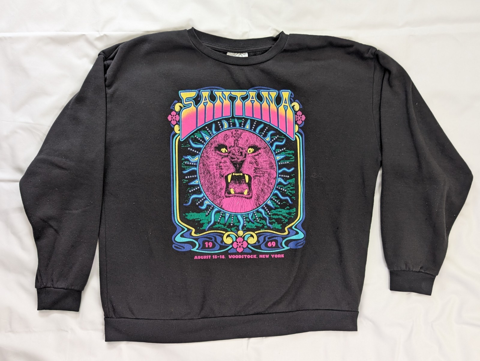 Carlos Santana Pullover Crewneck Woodstock 1969 Purple Lion Womens Large