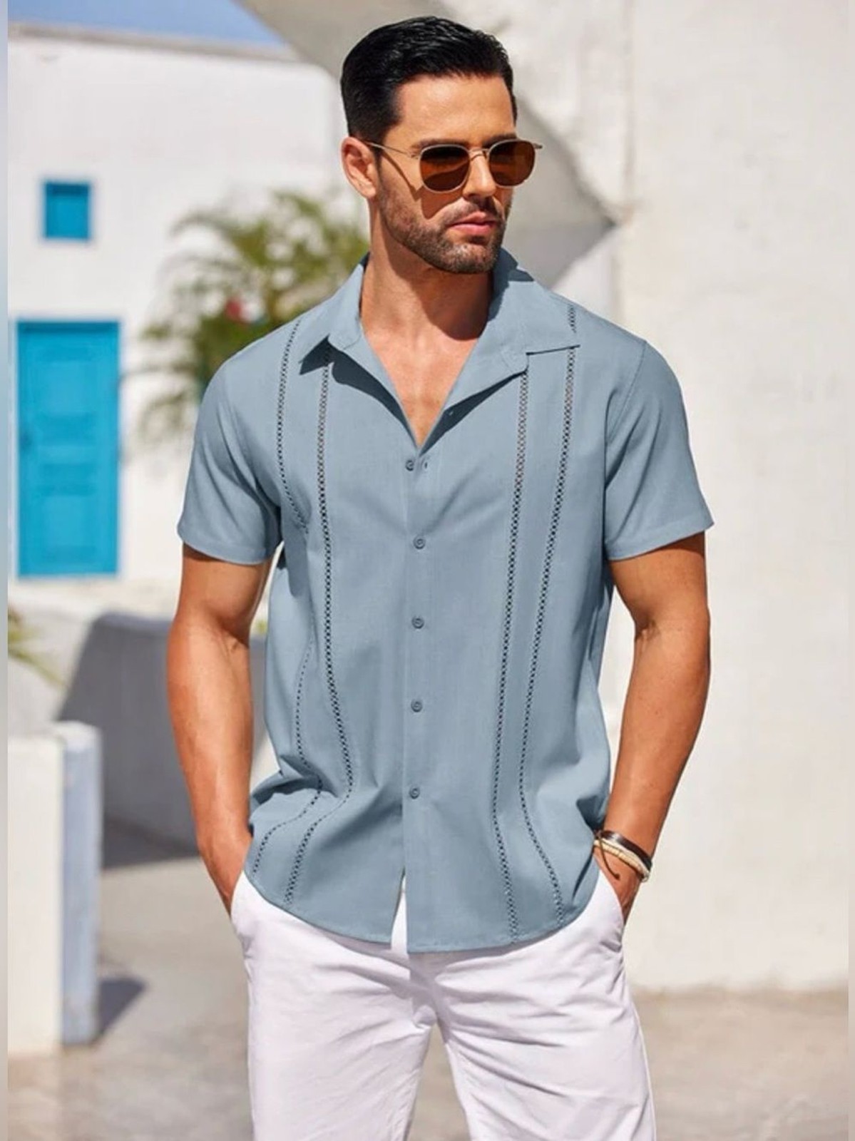 NEW Coofandy Men’s 3XL Clear Blue Casual Button Down Cuban Guayabera Shirt XXXL