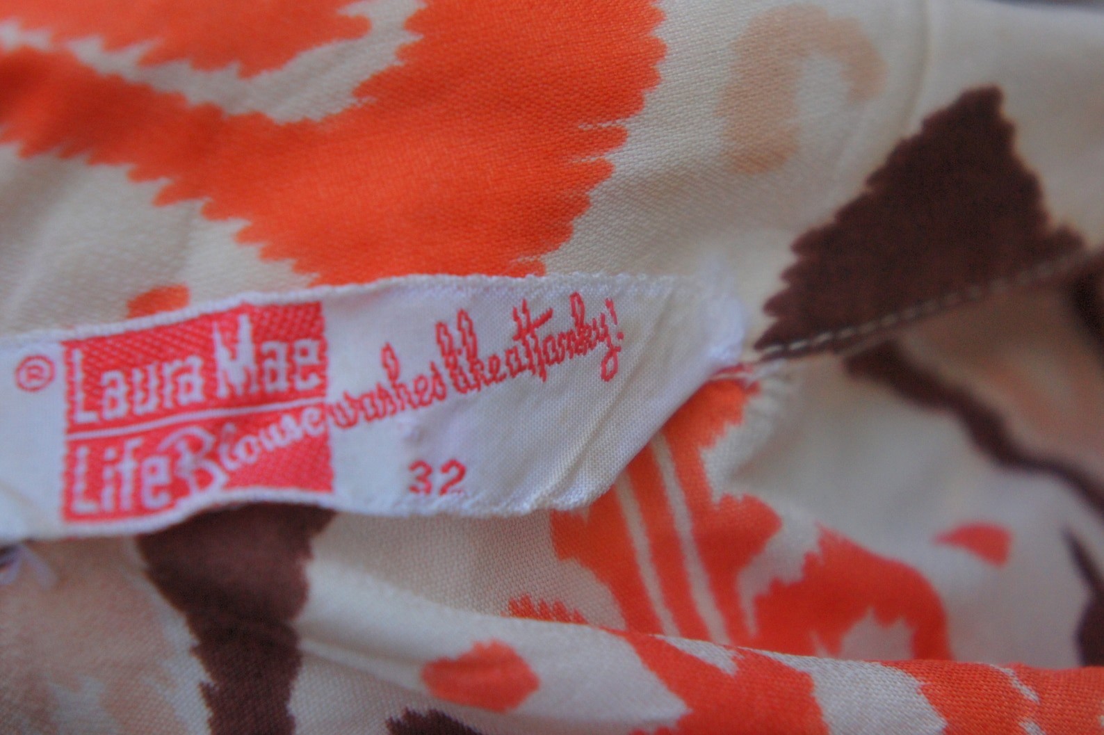 Vintage 60s Orange & Brown Damask Print Blouse Down Shirt Boho Retro Hippie