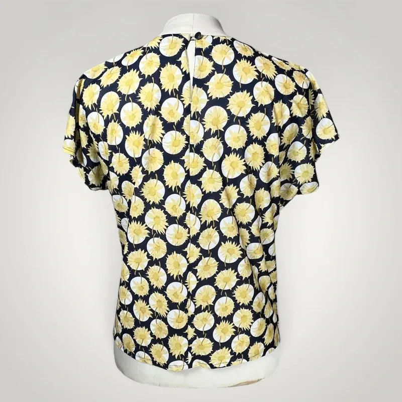 Vintage Lemon Print Blouse No Brand Size Ivory Yellow Blue Viscose Short Sleeve