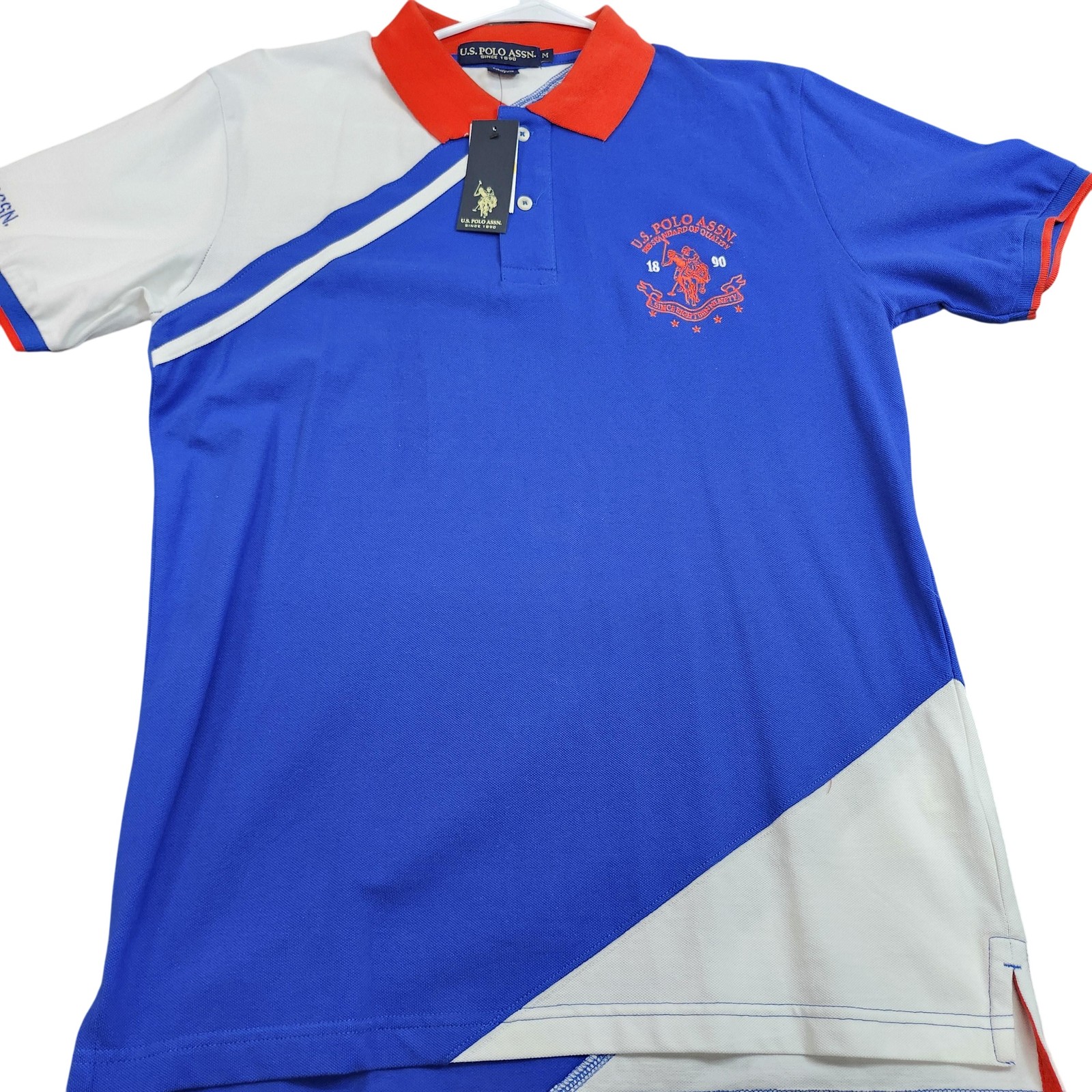 U.S. Polo Assn. Polo Shirt Mens Medium Blue Colorblock Crest Logo Knit Casual
