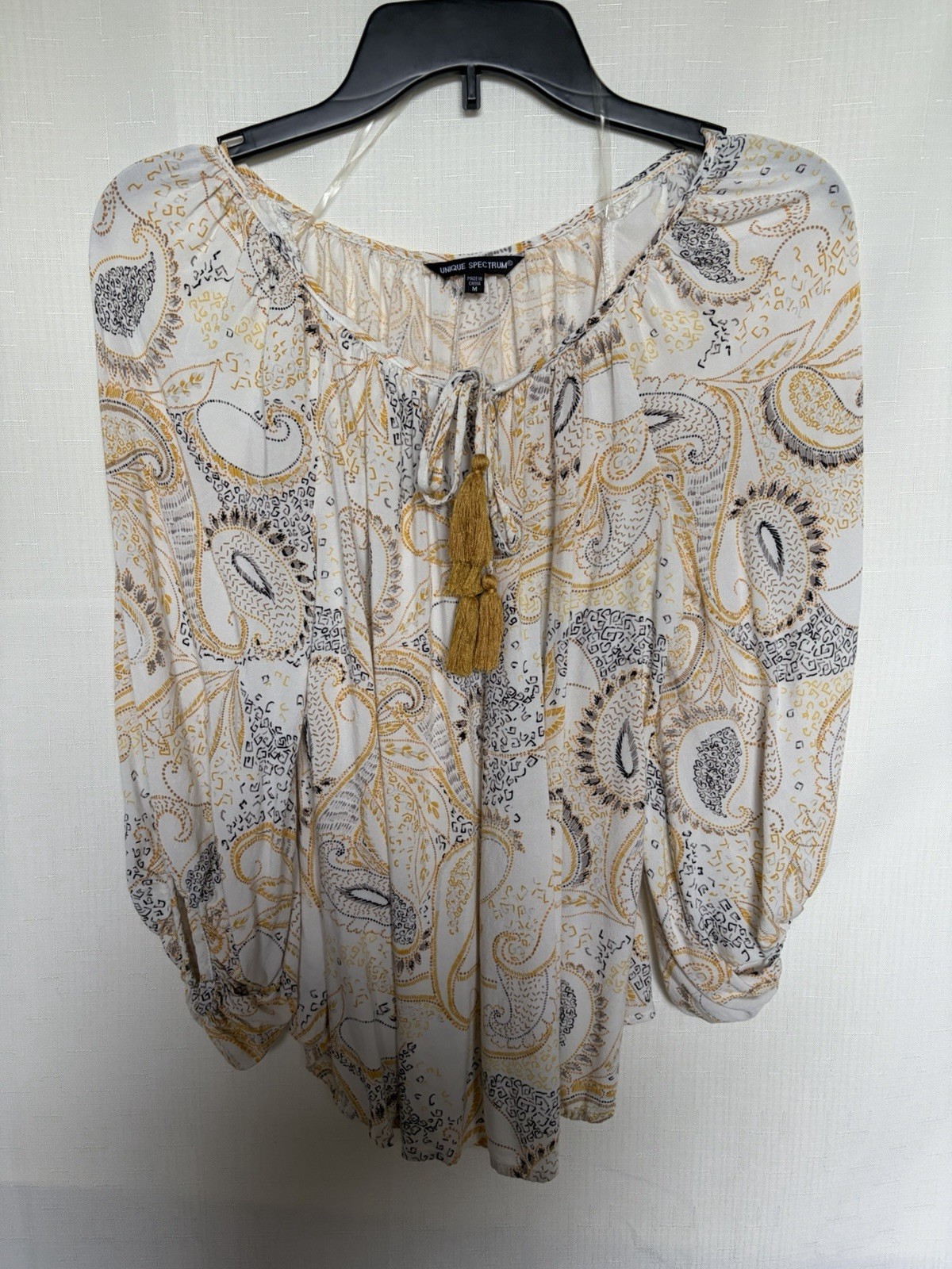 Unique Spectrum Women’s White/Gold/Black Paisley Tie-Neck Tassel Blouse M