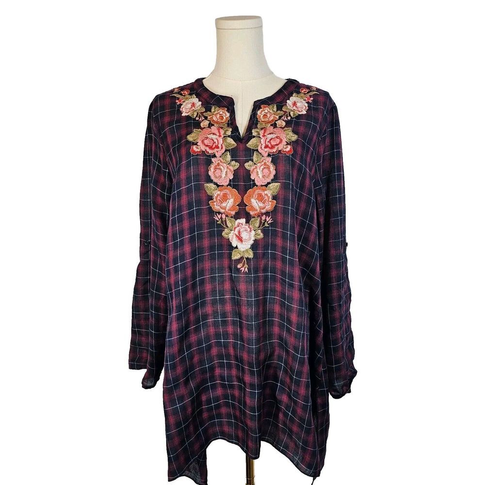 Andree by Unit FLAWED Tab-Sleeve Embroidered Tunic Cottagecore Floral Plaid L
