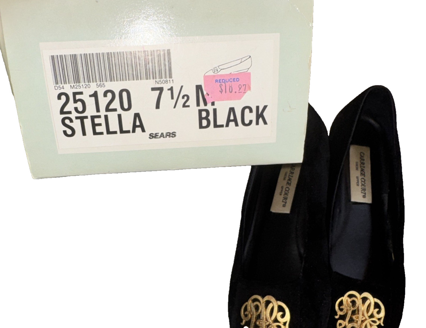 Carriage Court black suede slip on flats, gold tone hardware. 7.5M