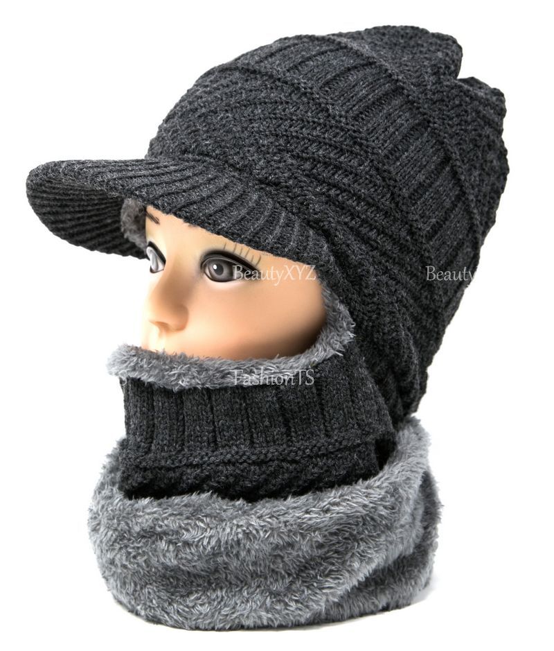 2 in 1 Cable Knit Winter Hat w/ Neck Warmer Mask Brim Beanie Fur Lining Unisex