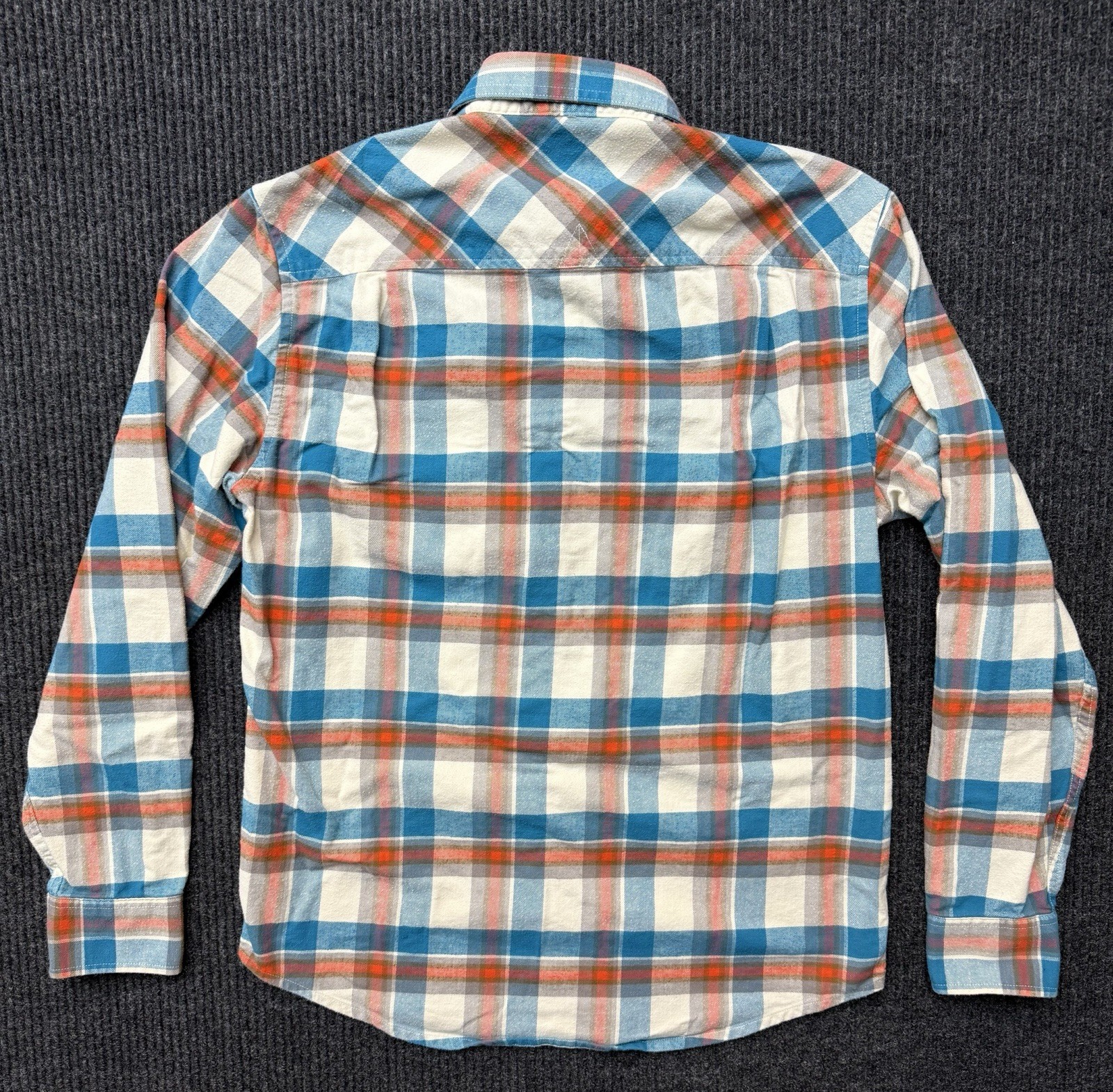 LL Bean Flannel Blue Orange Plaid Elbow Pads Organic Cotton 504187 Mens Small