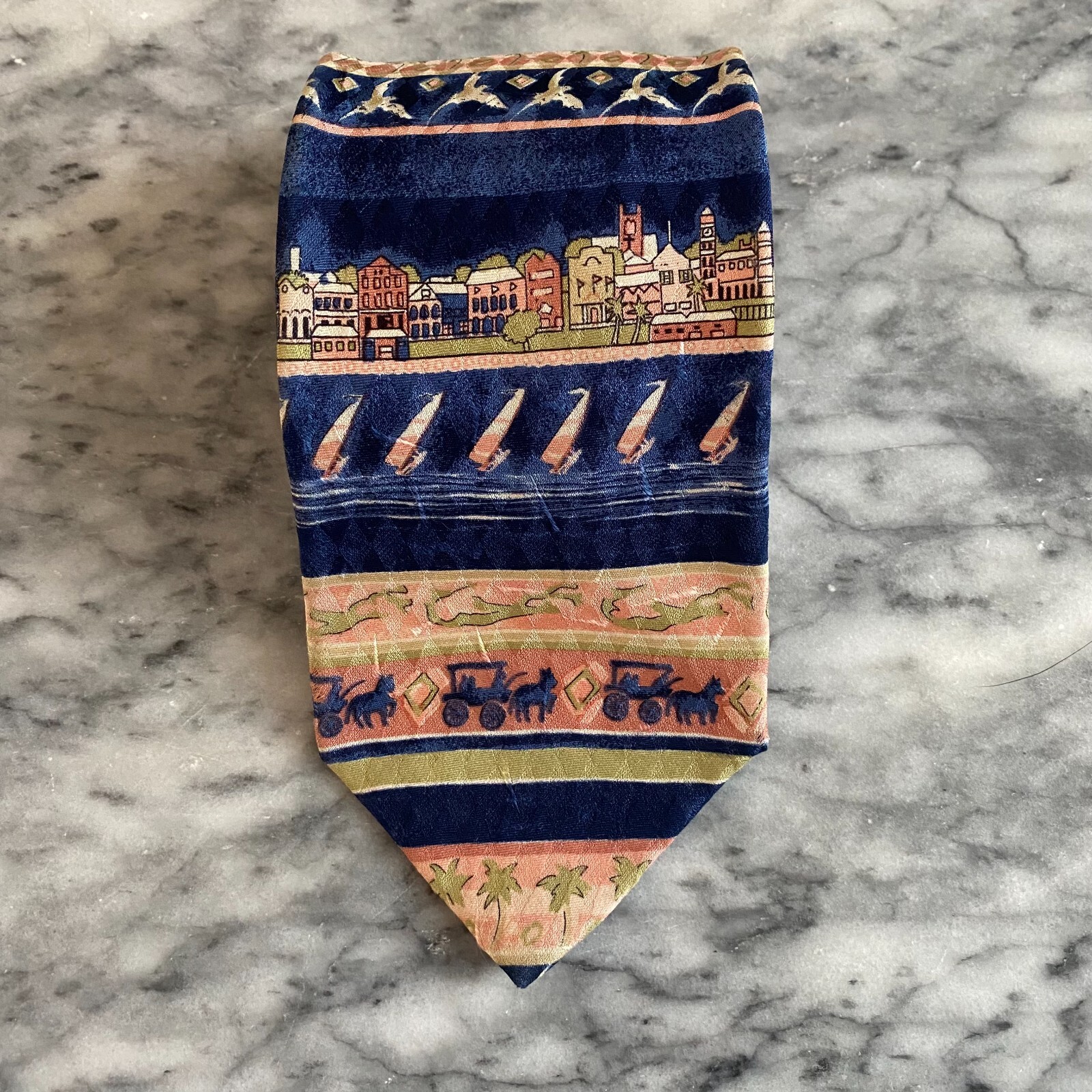 English Sports Shop Bermuda Navy Salmon Pink 100% Imported Silk Necktie~3.5″
