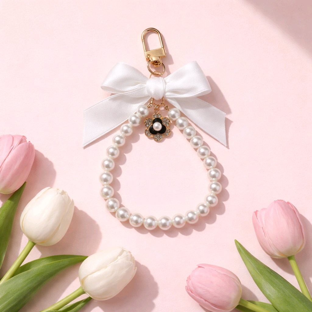 Elegant Bow Pearl Keychain Bag Charm Floral Camellia Pendant Wristlet Gift NEW