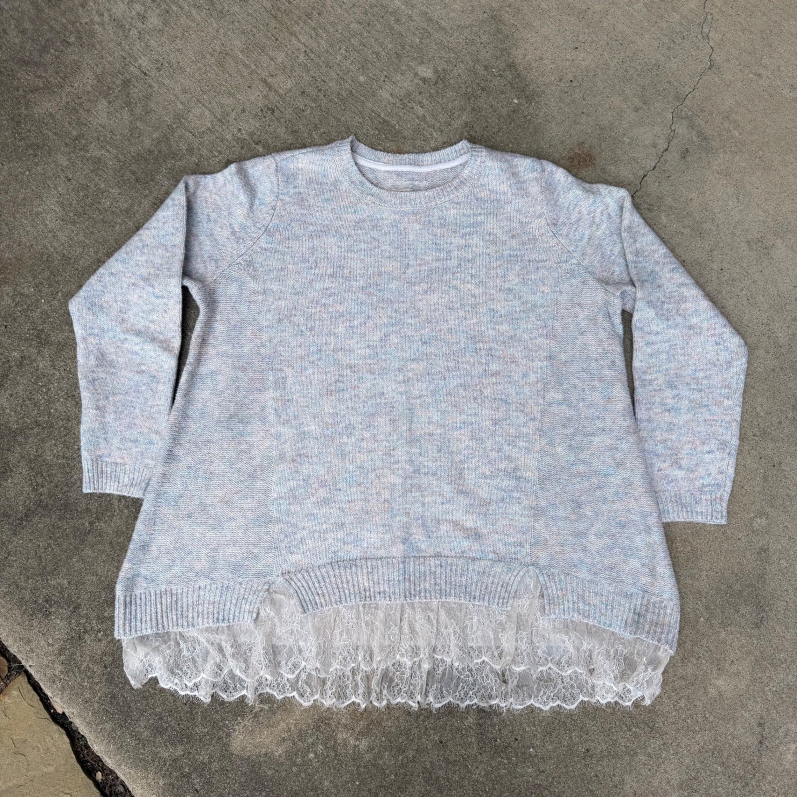 LOGO Lori Goldstein Pastel Marled Knit Lace Hem Sweater XL Womens Tunic Pullover